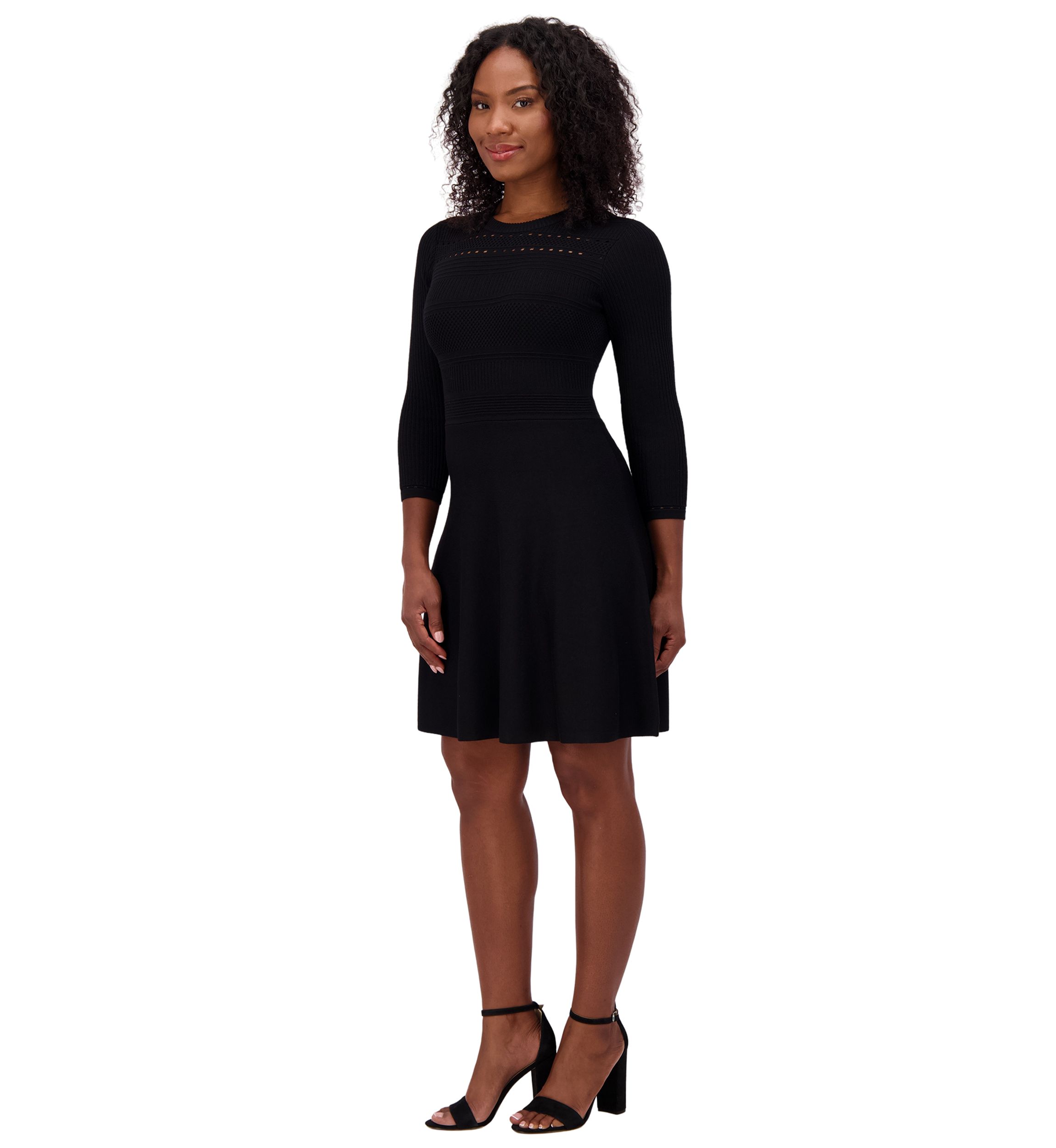 Womens 3/4 Sleeve Crew Neck Solid Fit and Flare Dress