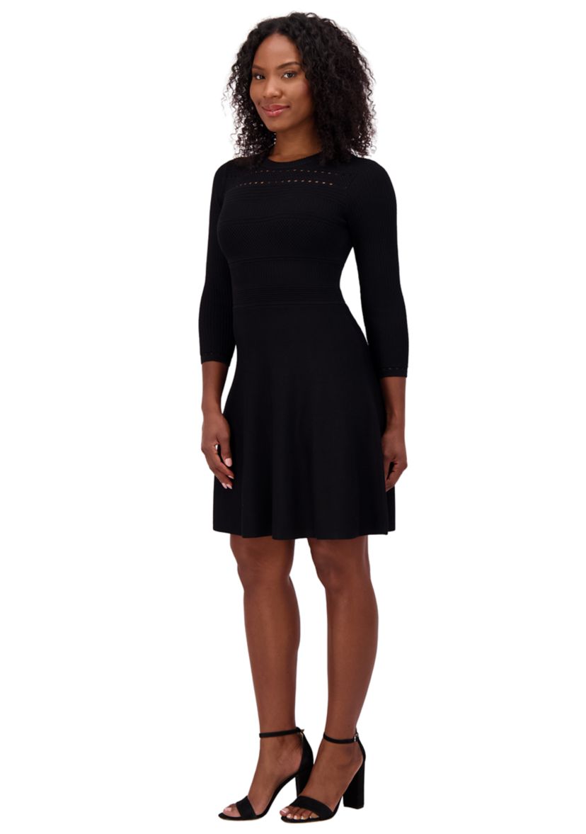 Womens 3/4 Sleeve Crew Neck Solid Fit and Flare Dress