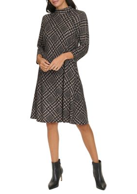 Womens 3/4 Sleeve Mock Neck Plaid Print A-Line Dress