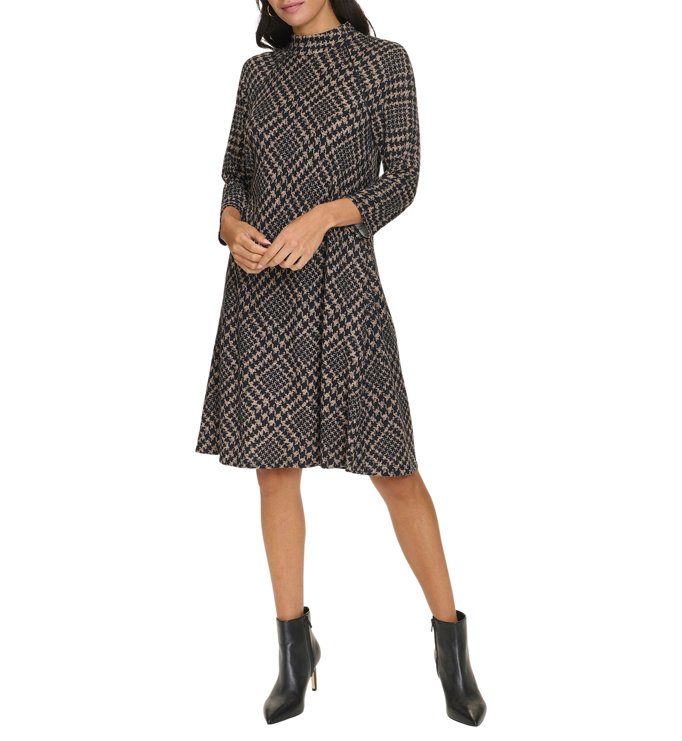 Womens 3/4 Sleeve Mock Neck Plaid Print A-Line Dress