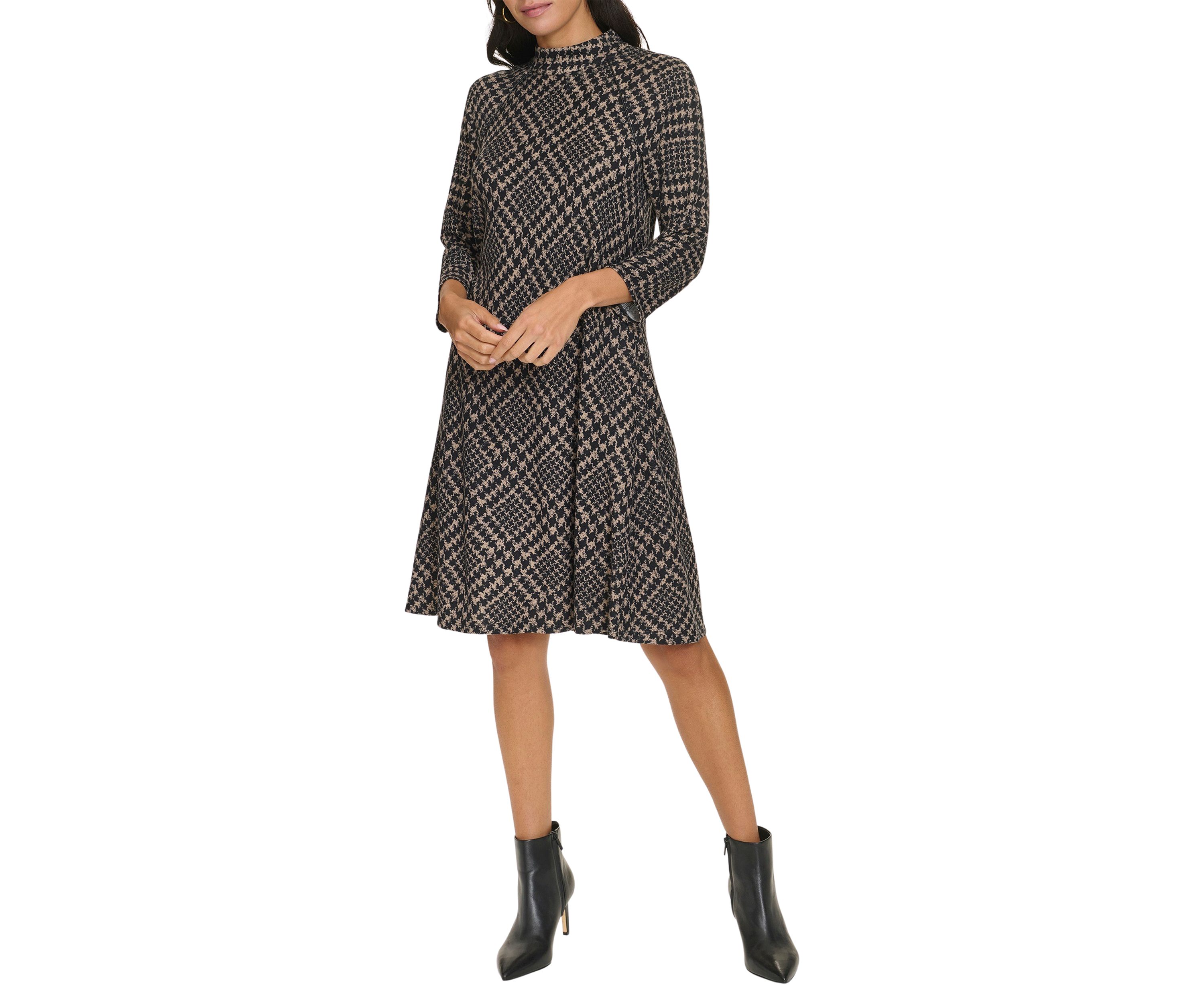 Womens 3/4 Sleeve Mock Neck Plaid Print A-Line Dress