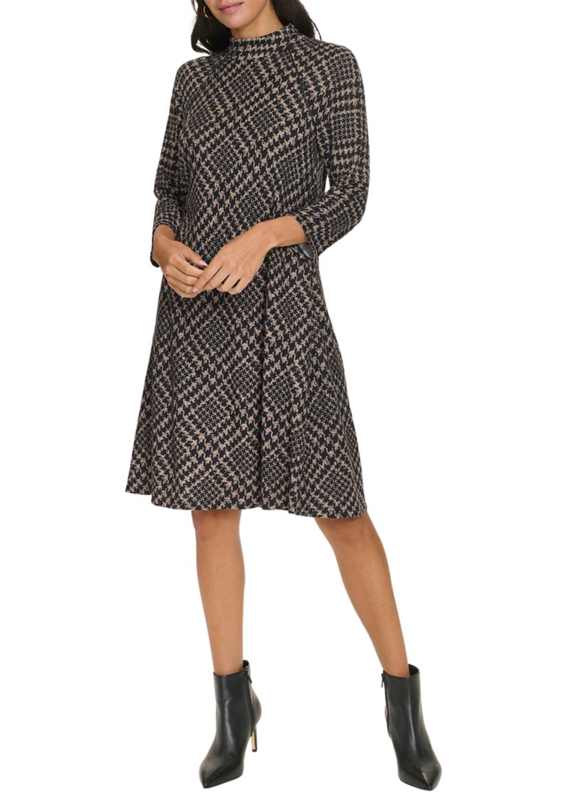 Womens 3/4 Sleeve Mock Neck Plaid Print A-Line Dress