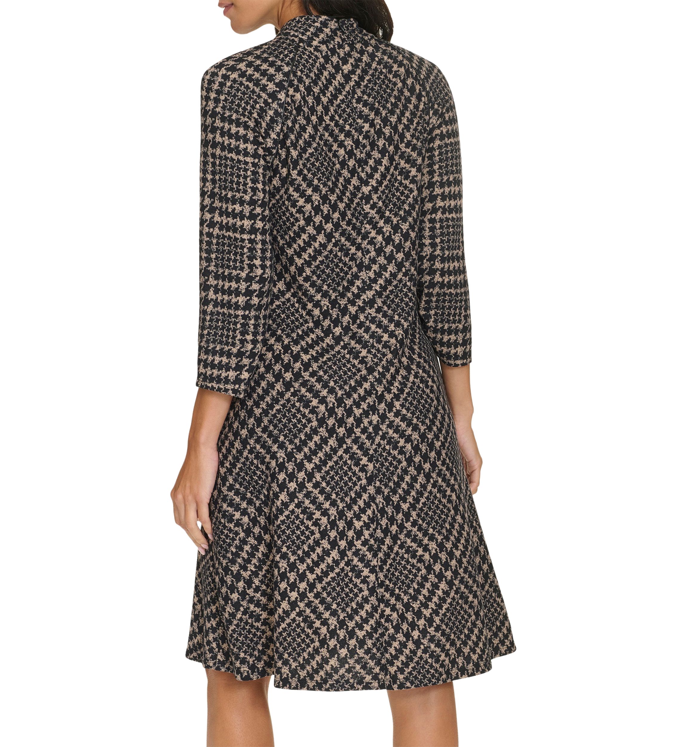 Womens 3/4 Sleeve Mock Neck Plaid Print A-Line Dress