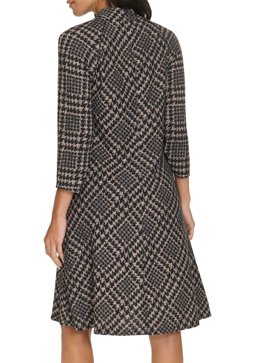 Womens 3/4 Sleeve Mock Neck Plaid Print A-Line Dress