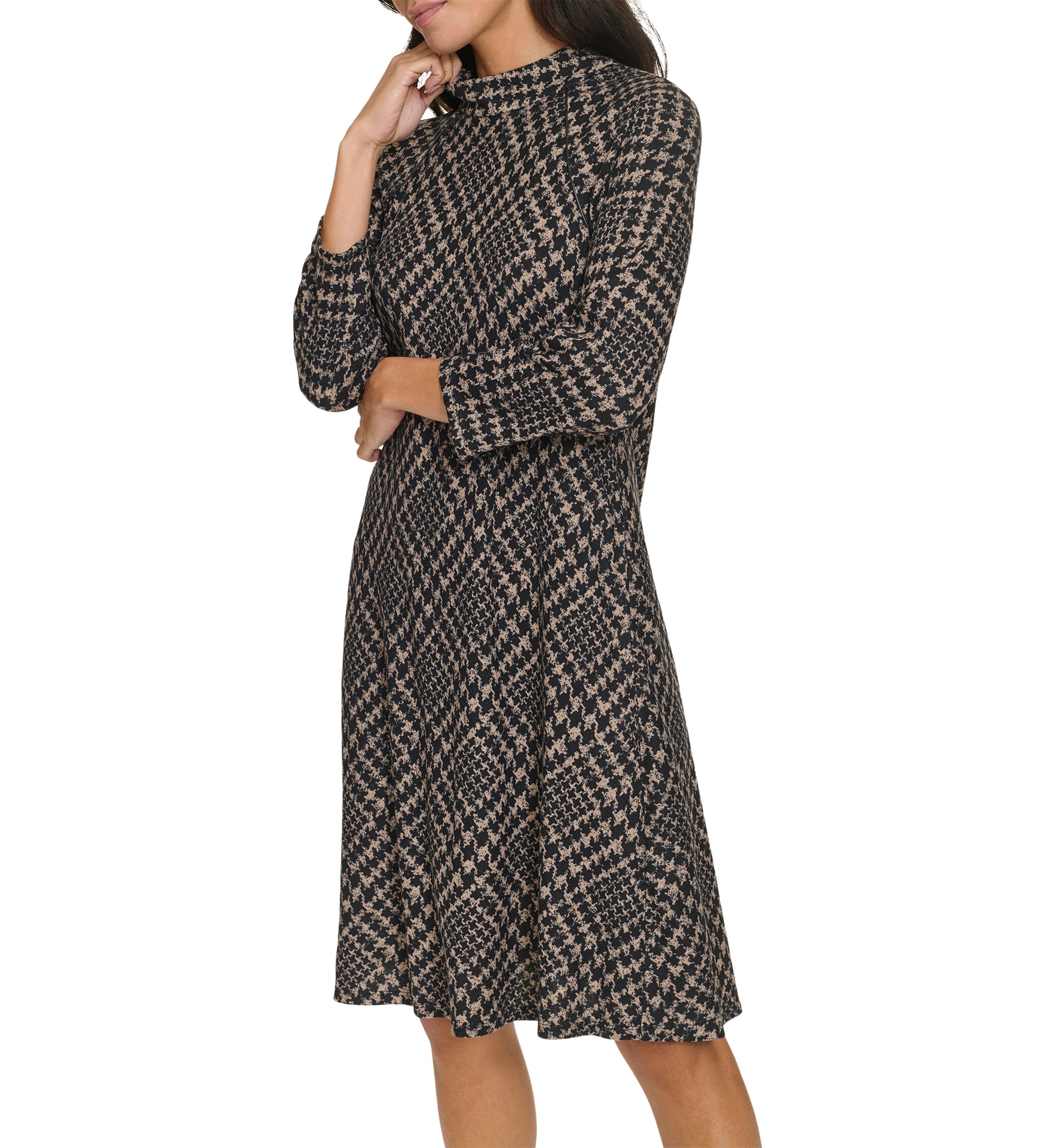 Womens 3/4 Sleeve Mock Neck Plaid Print A-Line Dress