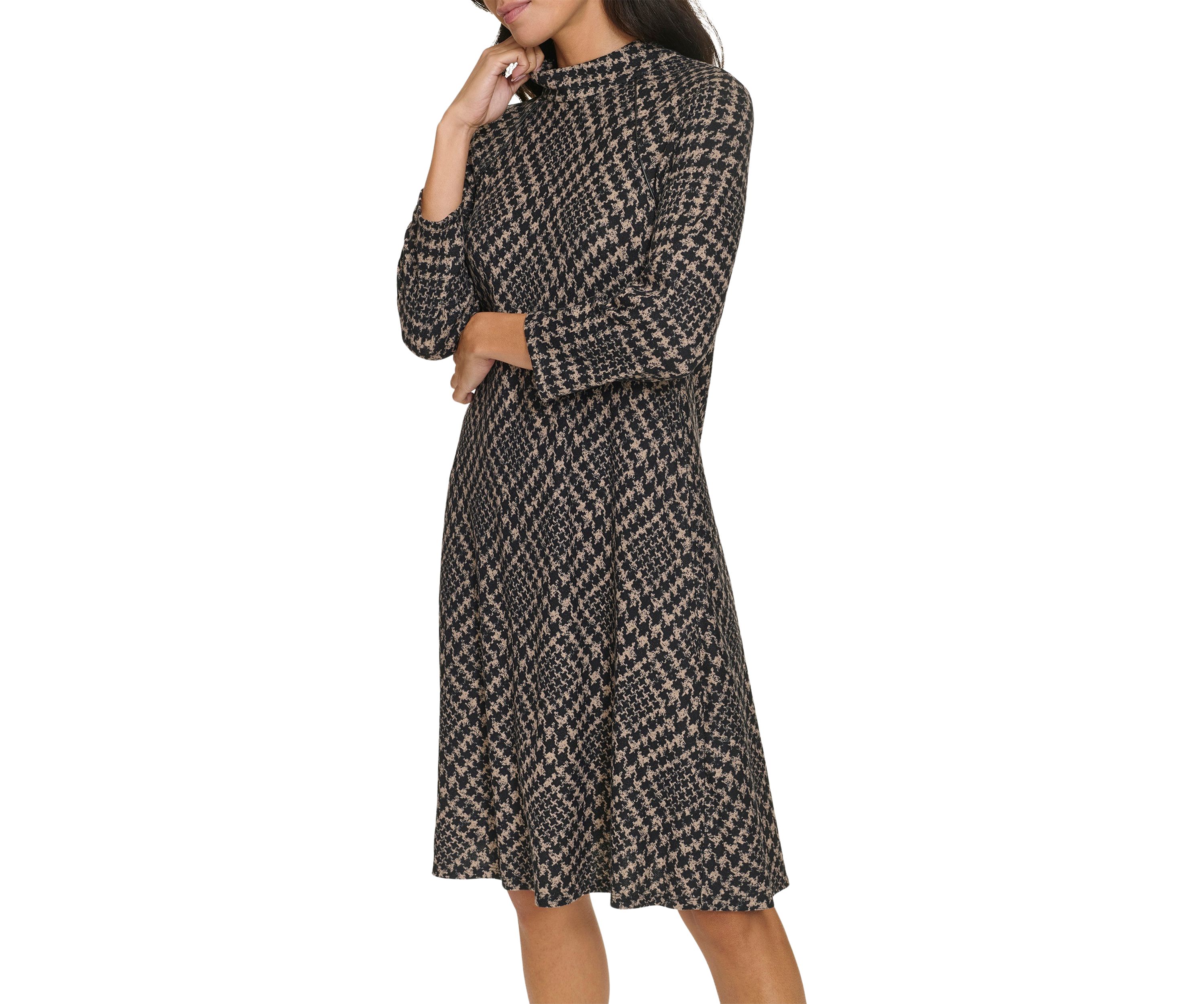 Womens 3/4 Sleeve Mock Neck Plaid Print A-Line Dress