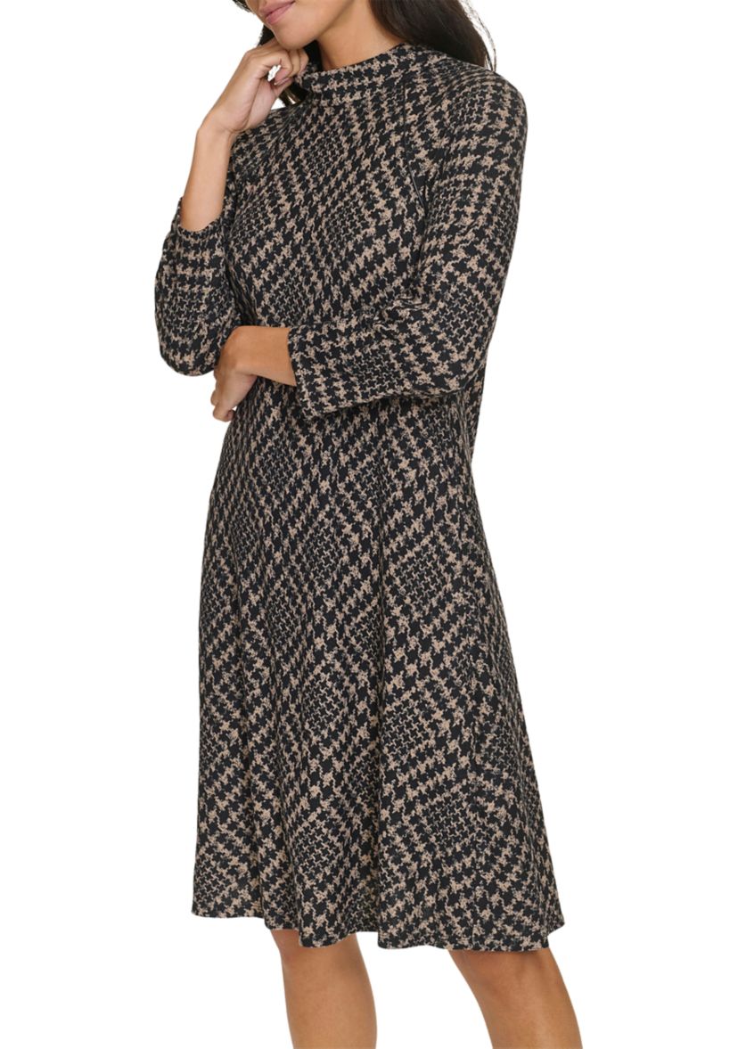 Womens 3/4 Sleeve Mock Neck Plaid Print A-Line Dress