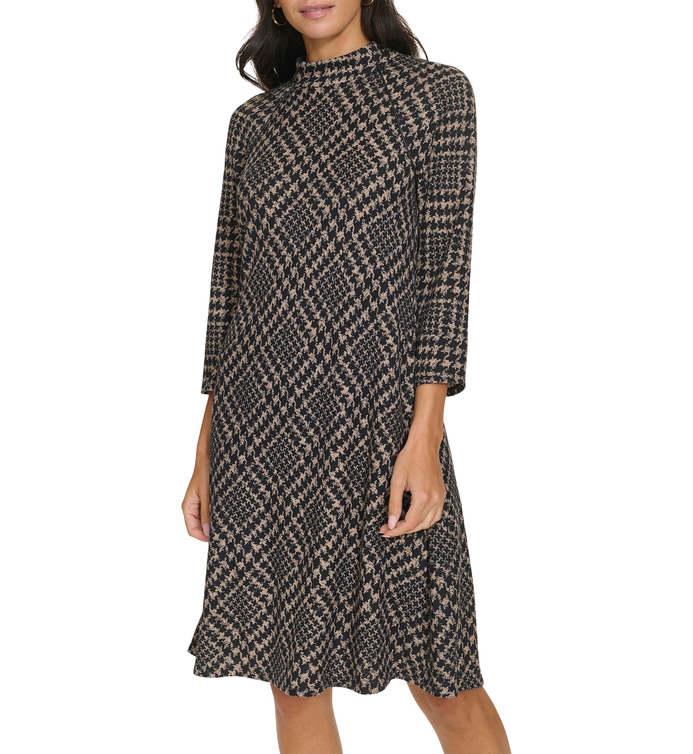 Womens 3/4 Sleeve Mock Neck Plaid Print A-Line Dress