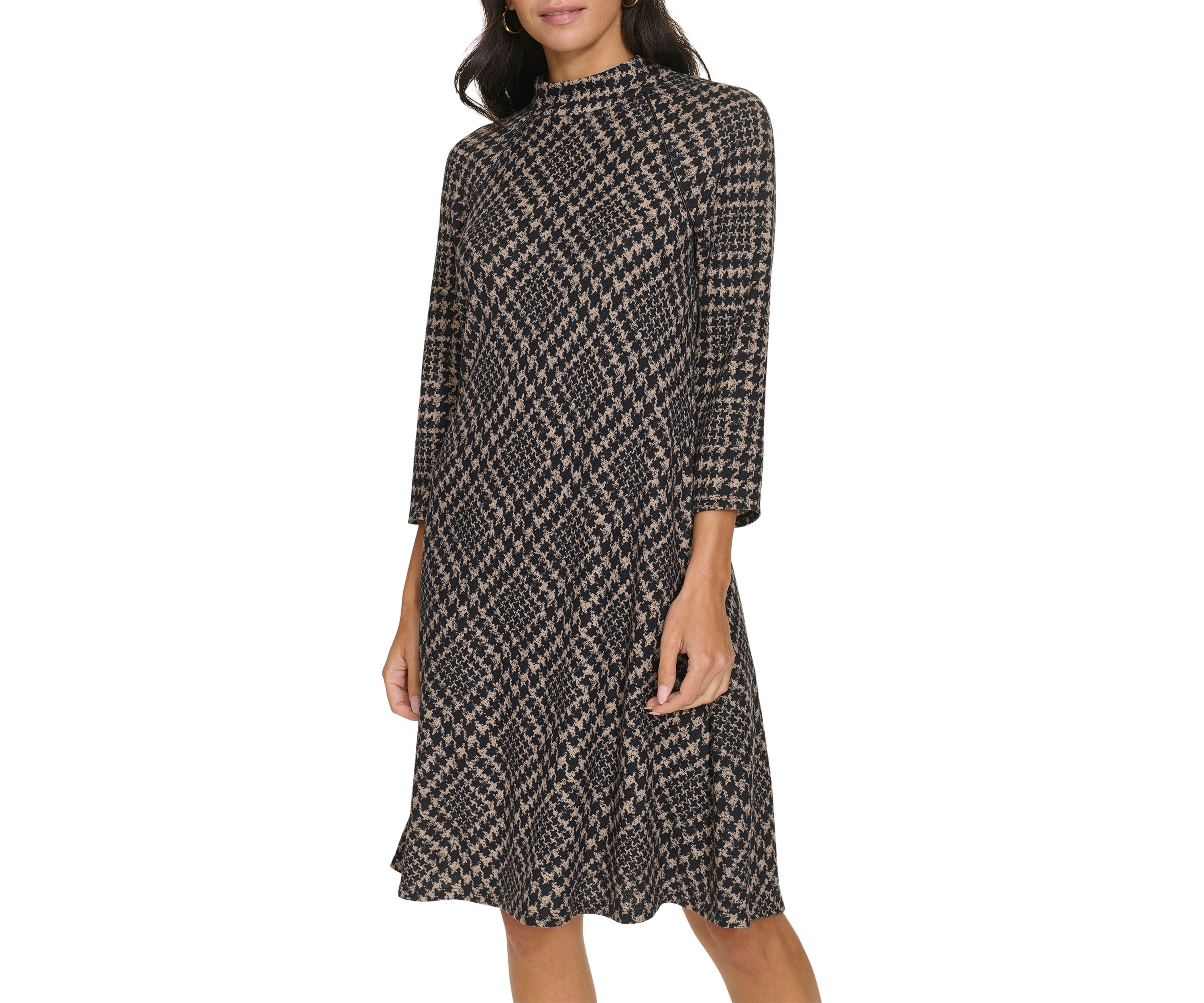 Womens 3/4 Sleeve Mock Neck Plaid Print A-Line Dress