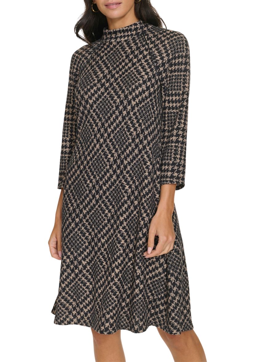 Womens 3/4 Sleeve Mock Neck Plaid Print A-Line Dress