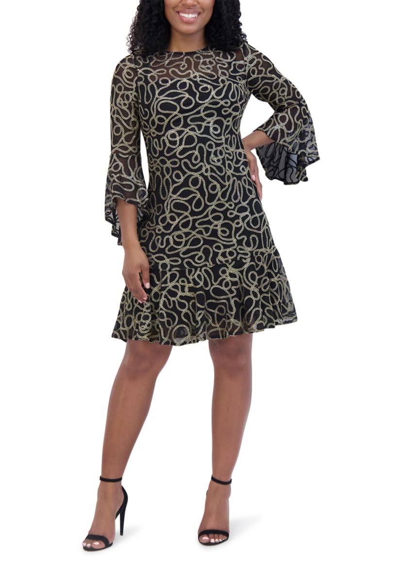 Womens Long Sleeve Floral Printed Embellished Fit and Flare Mini Dress