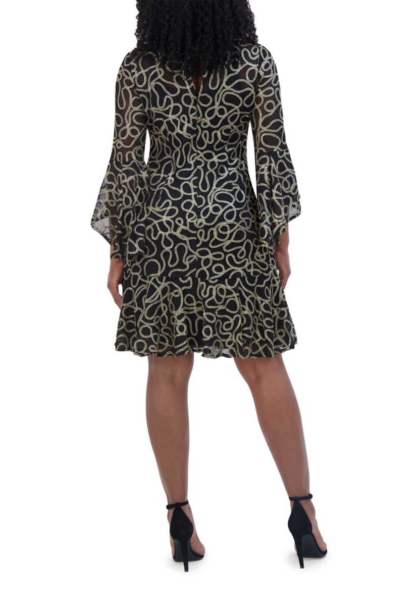 Womens Long Sleeve Floral Printed Embellished Fit and Flare Mini Dress
