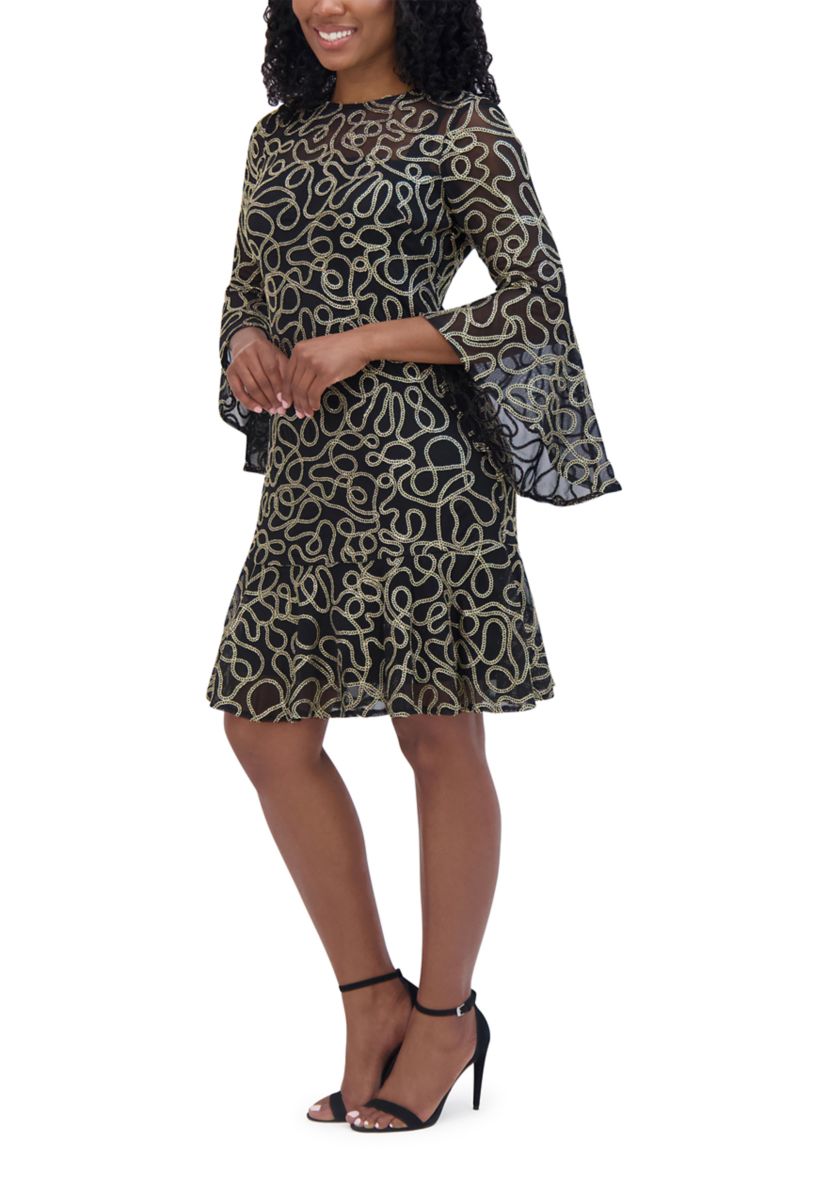Womens Long Sleeve Floral Printed Embellished Fit and Flare Mini Dress