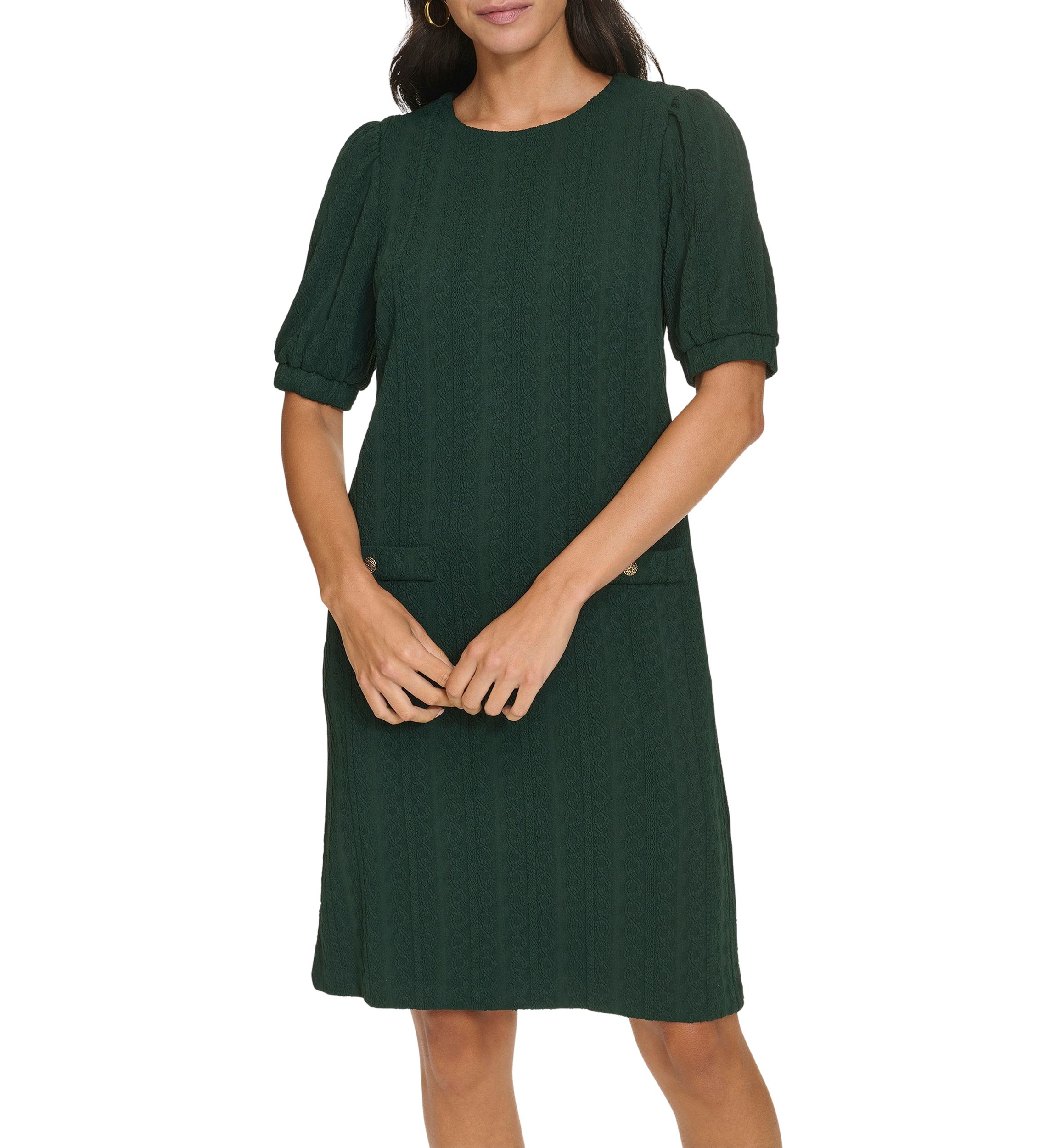 Womens Short Sleeve Crew Neck Solid Pocket Detail Sheath Dress
