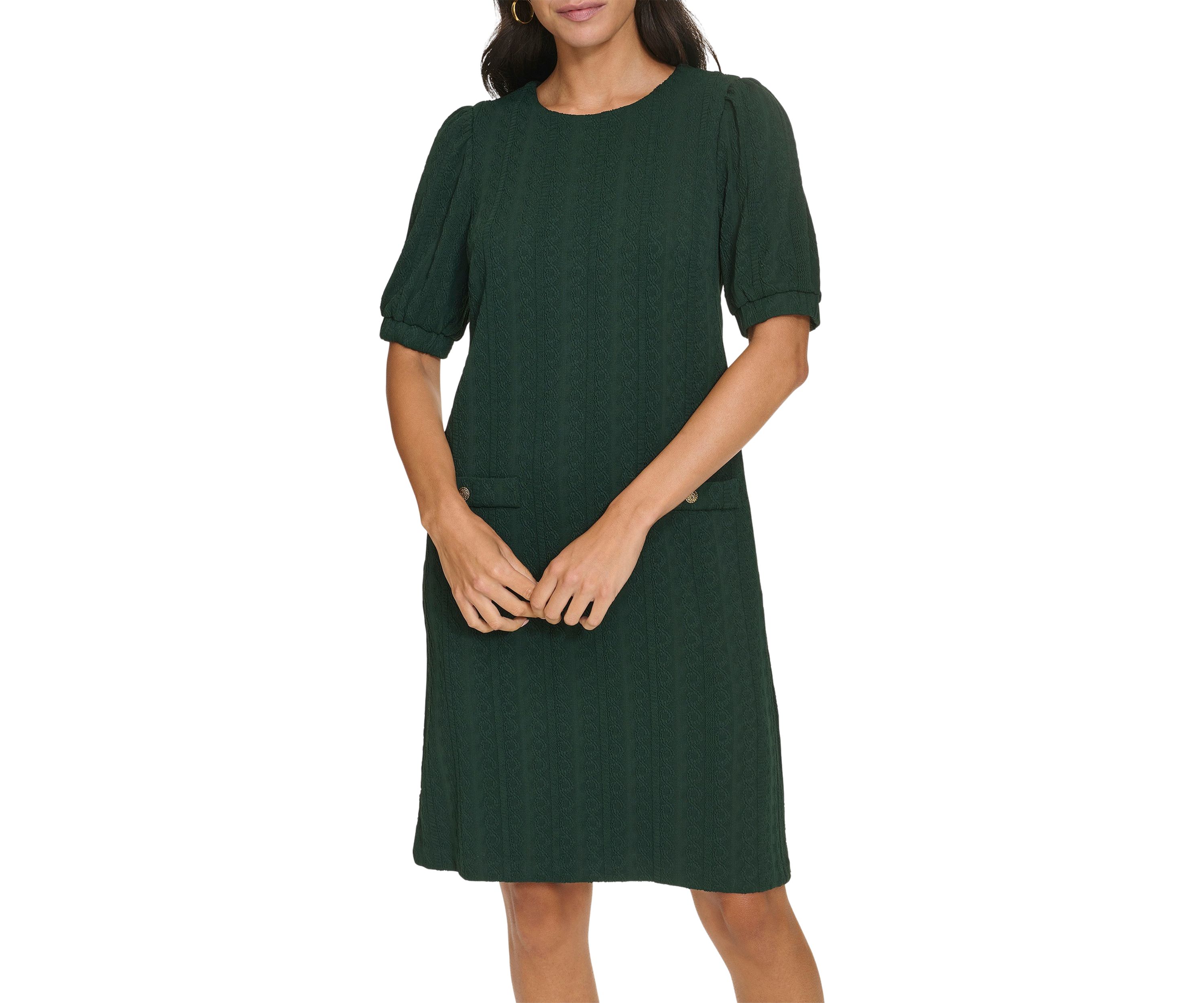 Womens Short Sleeve Crew Neck Solid Pocket Detail Sheath Dress