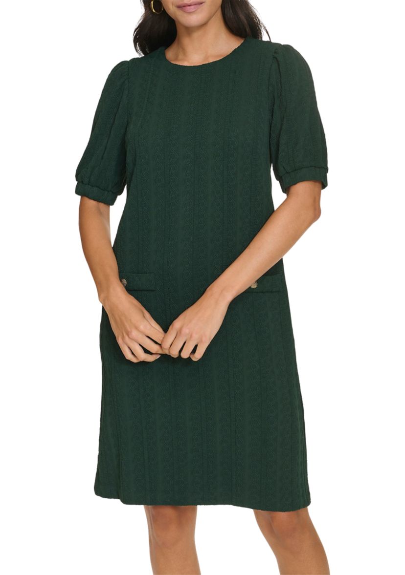Womens Short Sleeve Crew Neck Solid Pocket Detail Sheath Dress