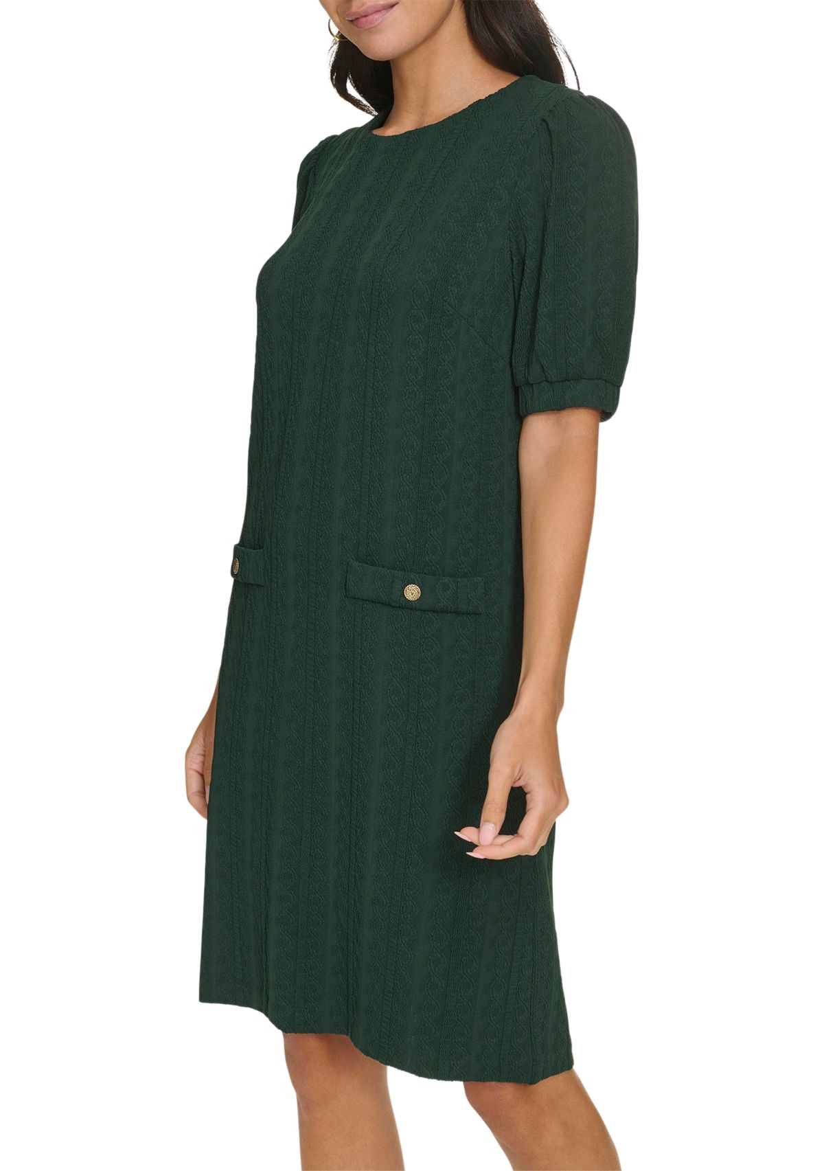 Womens Short Sleeve Crew Neck Solid Pocket Detail Sheath Dress