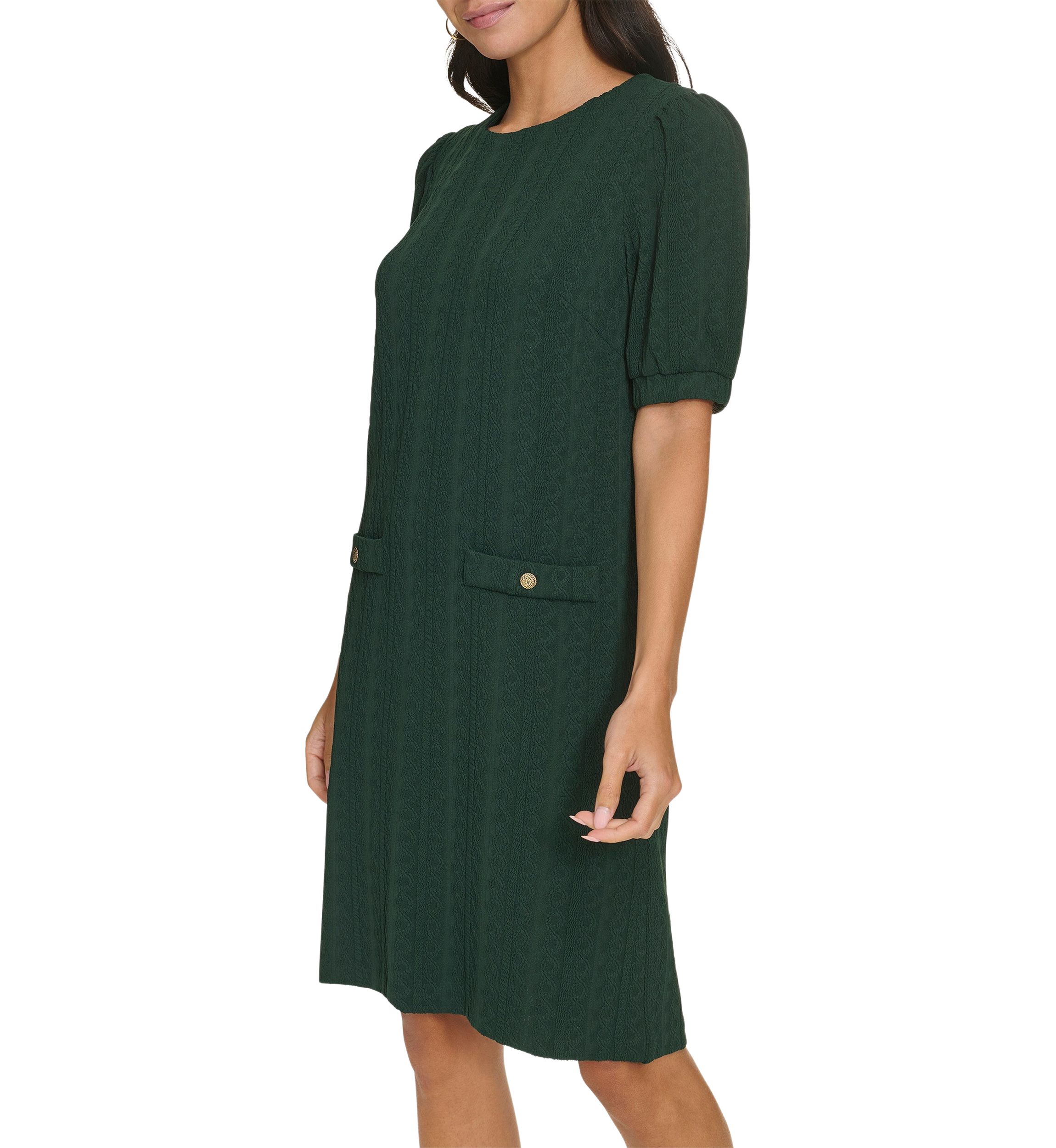 Womens Short Sleeve Crew Neck Solid Pocket Detail Sheath Dress