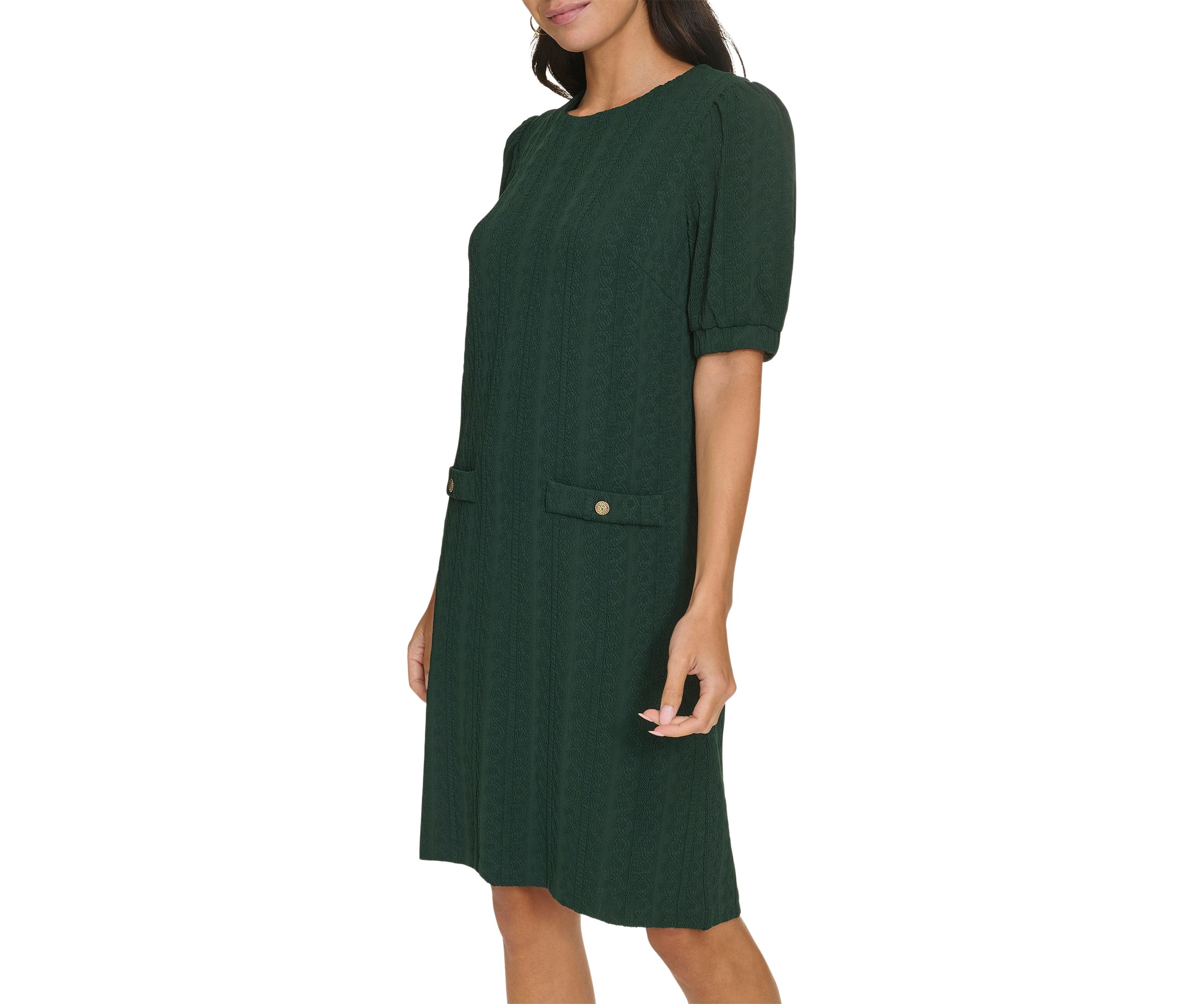 Womens Short Sleeve Crew Neck Solid Pocket Detail Sheath Dress