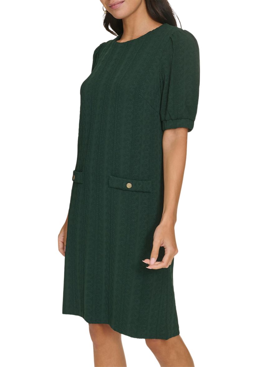 Womens Short Sleeve Crew Neck Solid Pocket Detail Sheath Dress