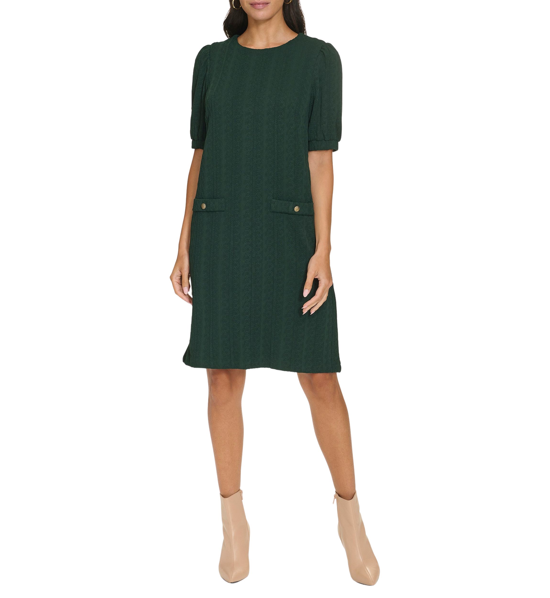 Womens Short Sleeve Crew Neck Solid Pocket Detail Sheath Dress