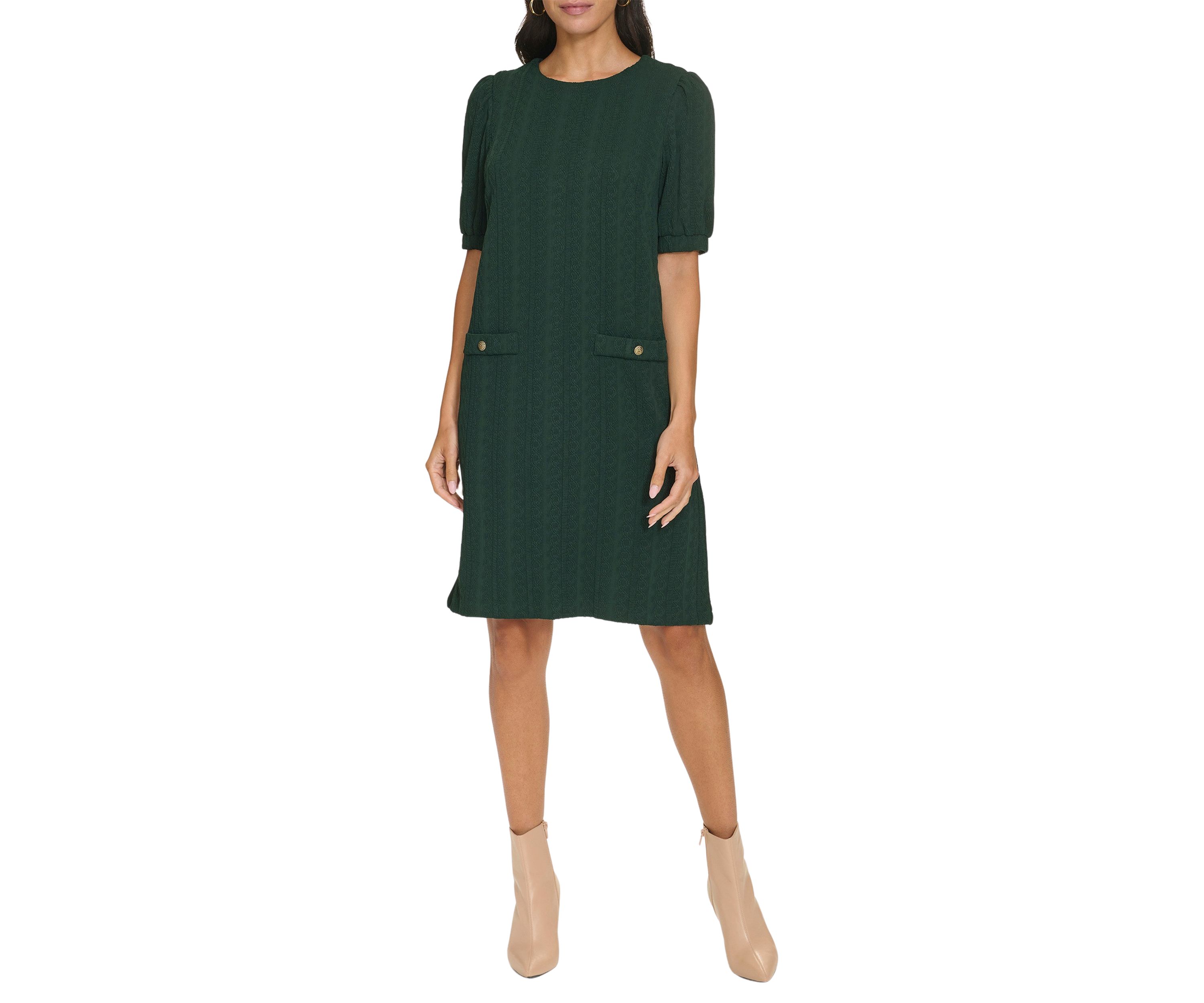 Womens Short Sleeve Crew Neck Solid Pocket Detail Sheath Dress