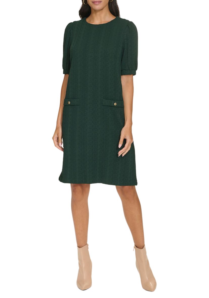Womens Short Sleeve Crew Neck Solid Pocket Detail Sheath Dress