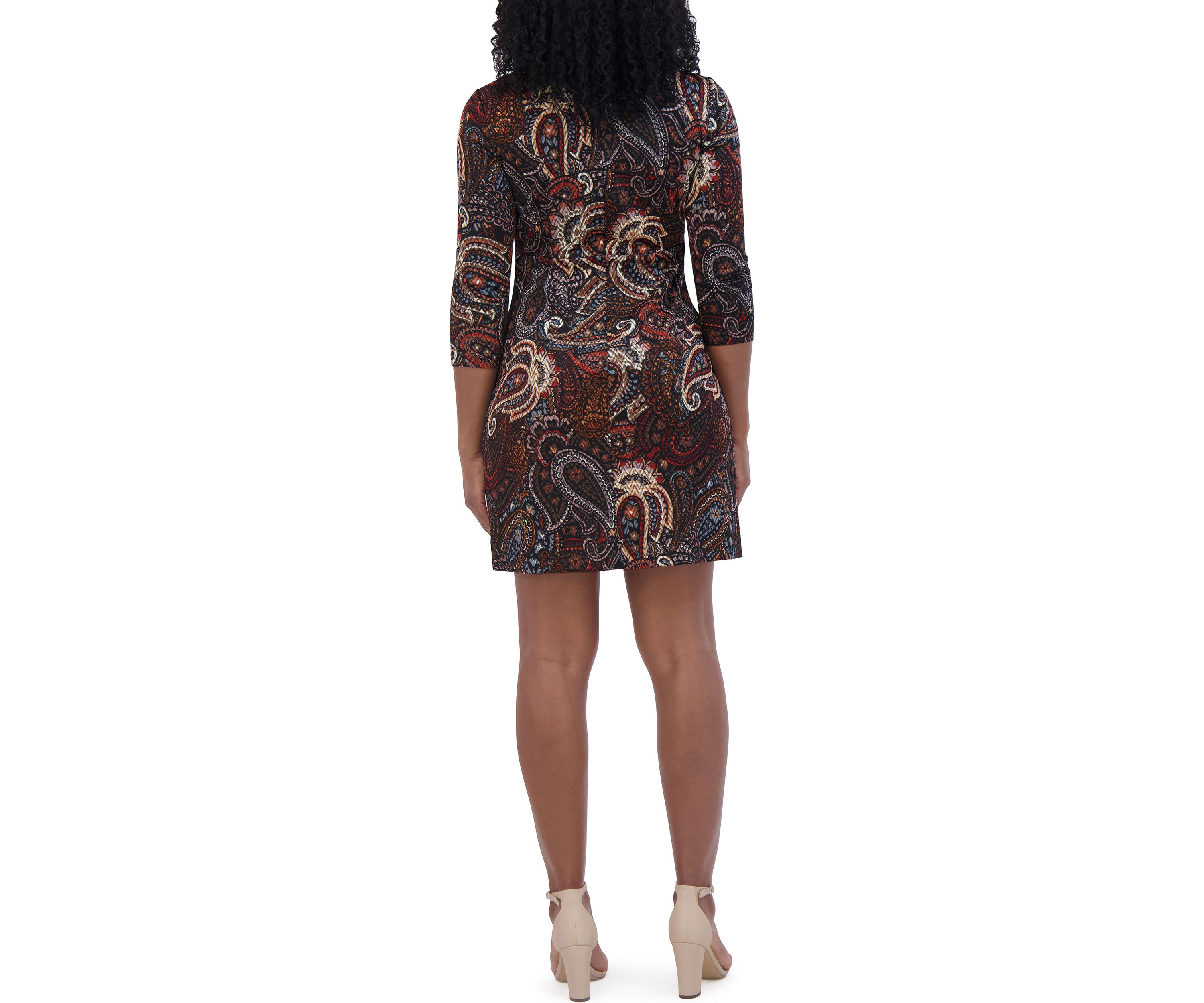 Womens 3/4 Sleeve Paisley Crew Neck Dress