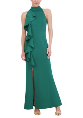 Jessica Howard Women's Halter Ruffle Sleeveless Slim Scuba Gown, Green, 6 -  0194592456410