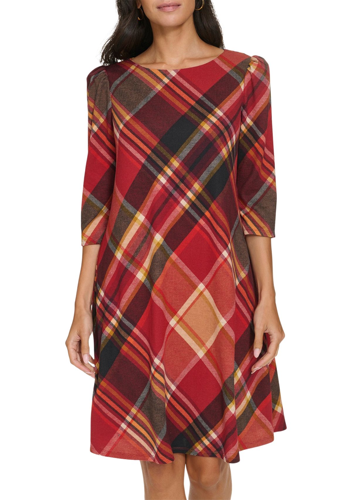 Womens 3/4 Sleeve Plaid Print A-Line Dress