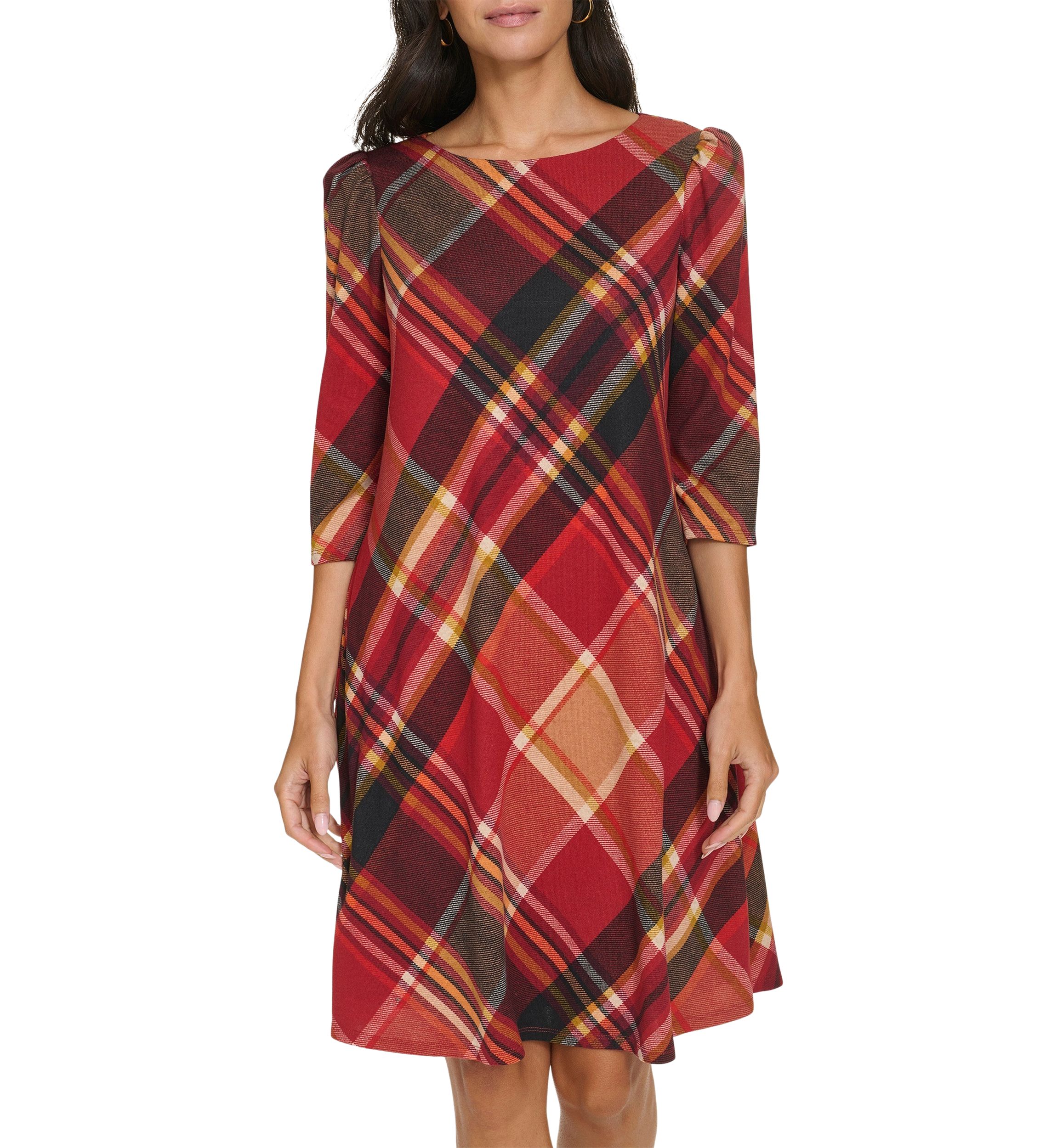 Womens 3/4 Sleeve Plaid Print A-Line Dress