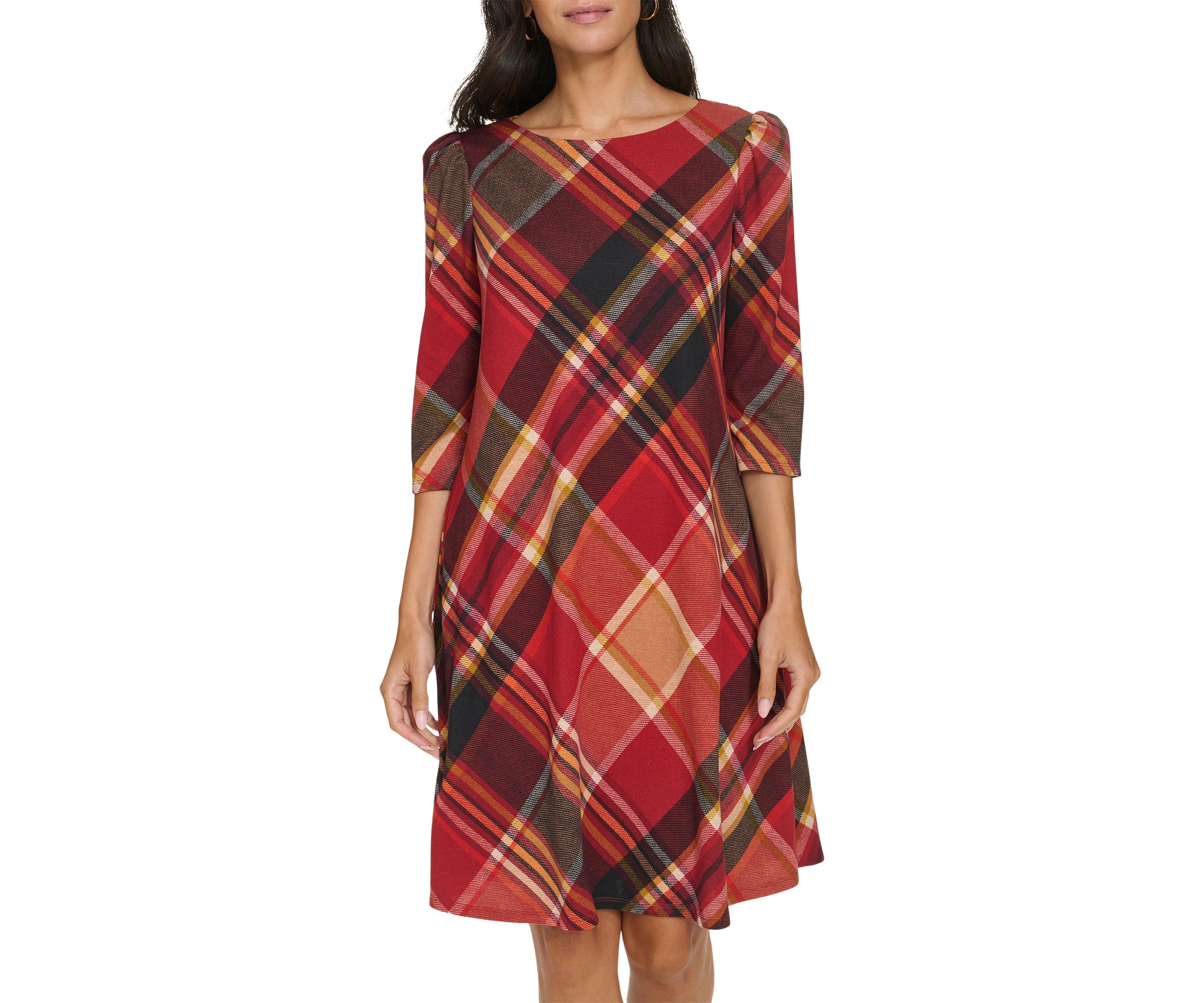 Womens 3/4 Sleeve Plaid Print A-Line Dress
