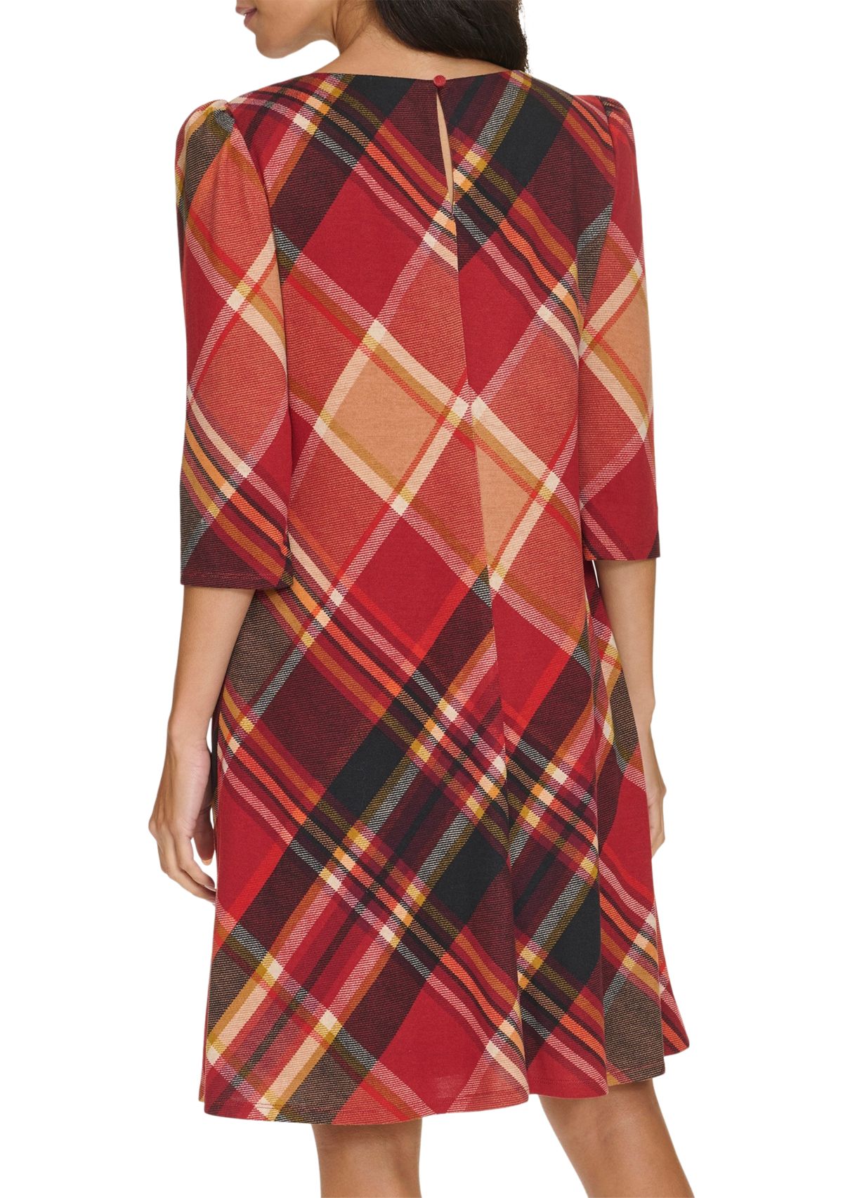 Womens 3/4 Sleeve Plaid Print A-Line Dress