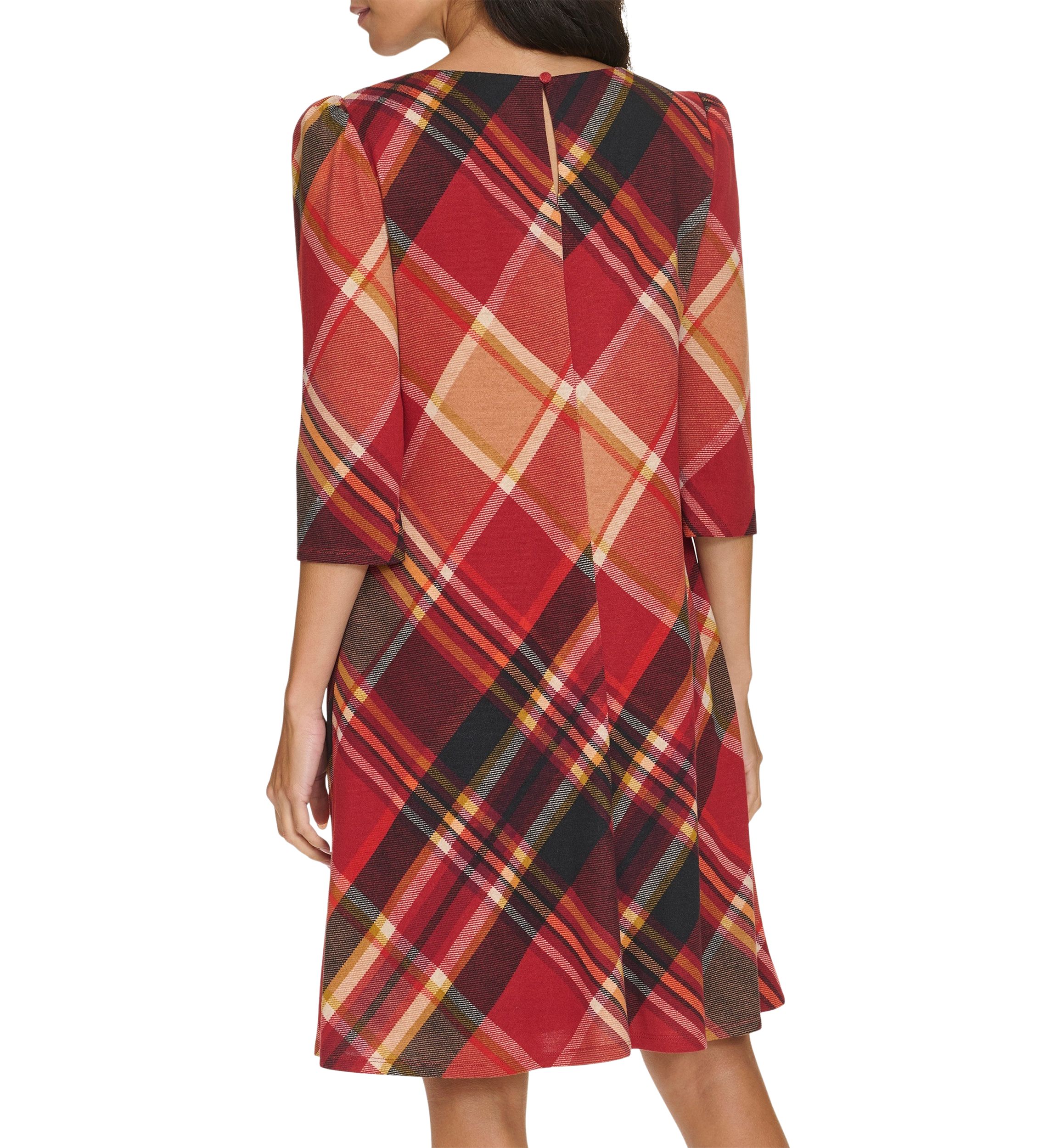 Womens 3/4 Sleeve Plaid Print A-Line Dress