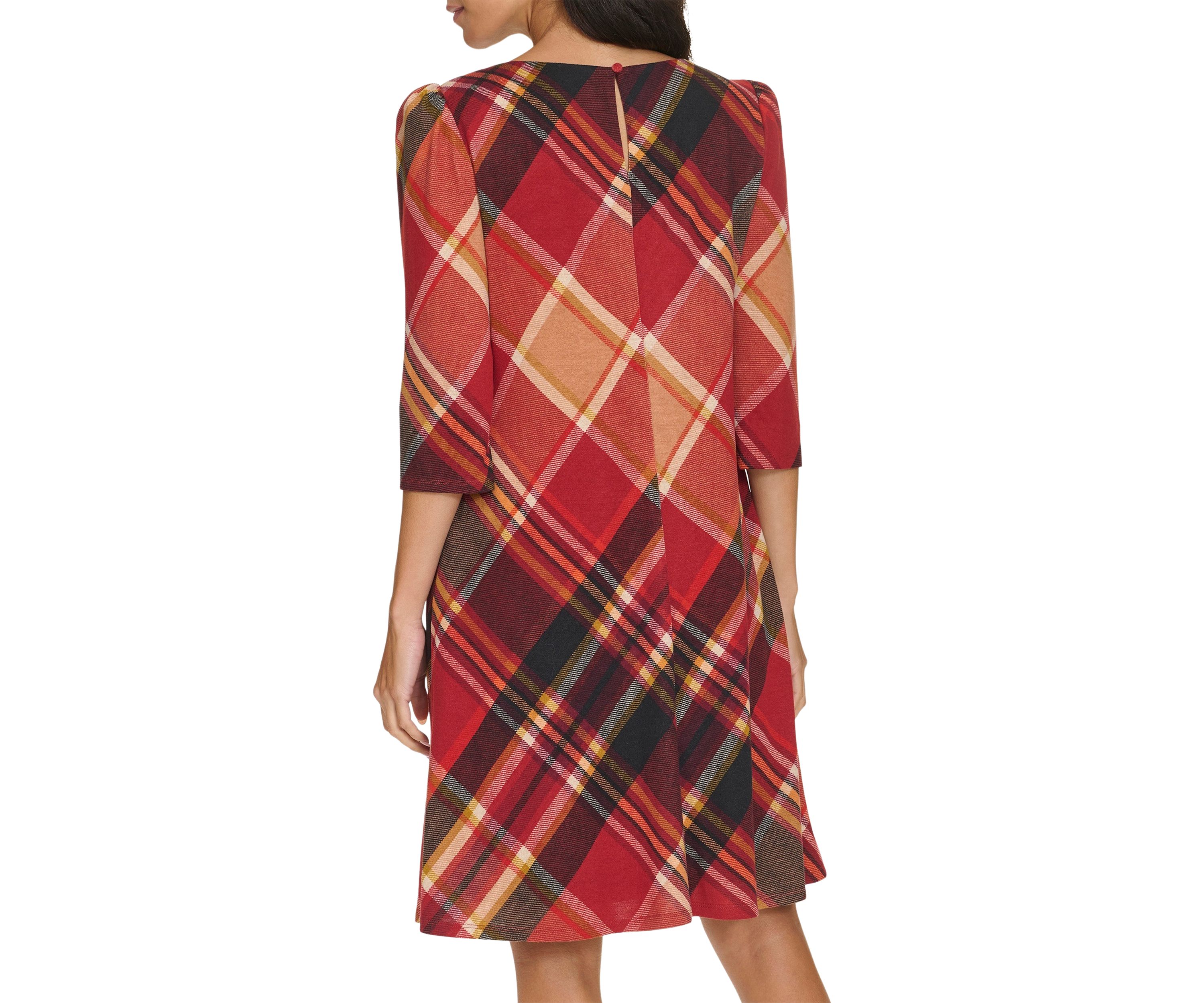Womens 3/4 Sleeve Plaid Print A-Line Dress