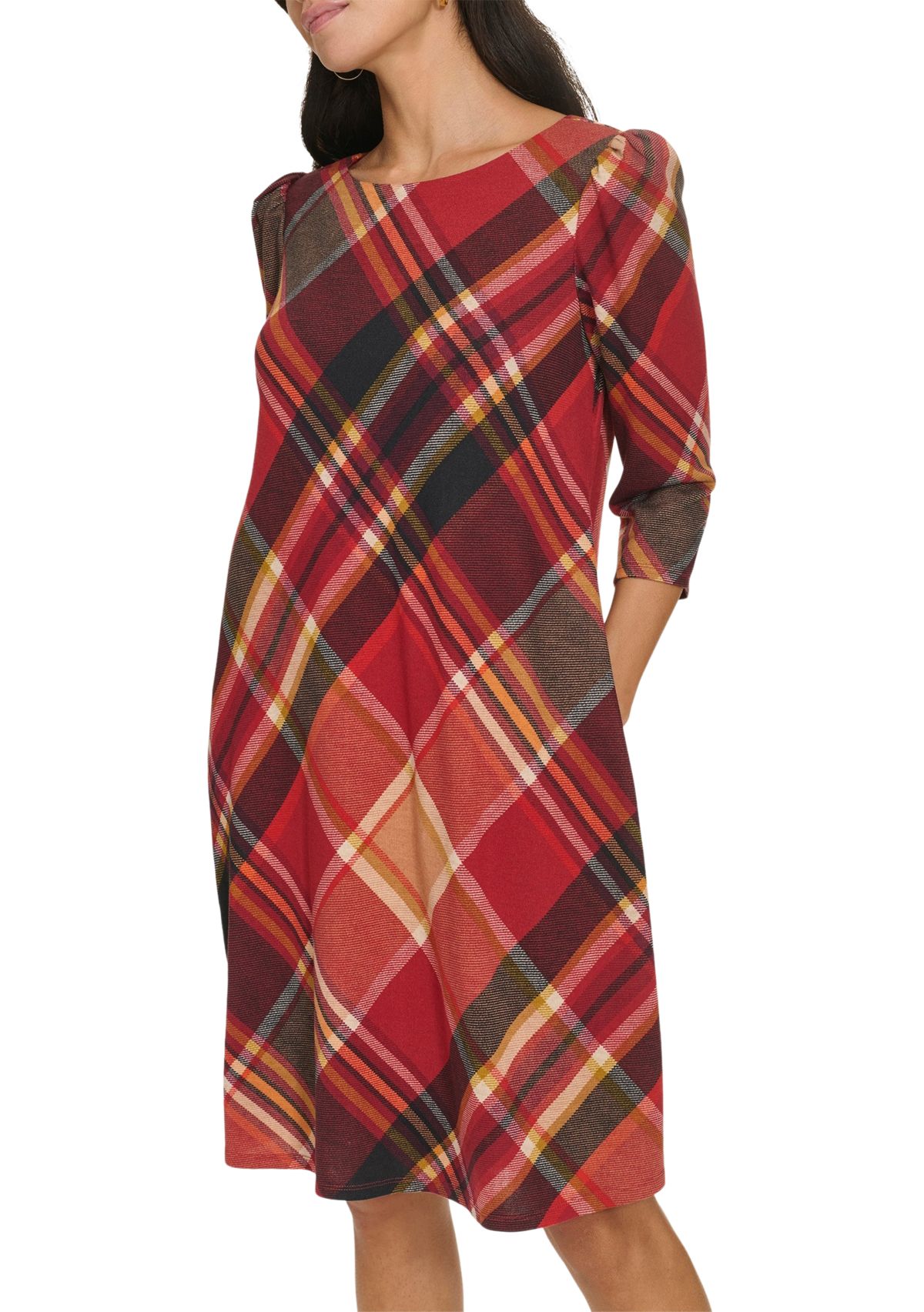 Womens 3/4 Sleeve Plaid Print A-Line Dress