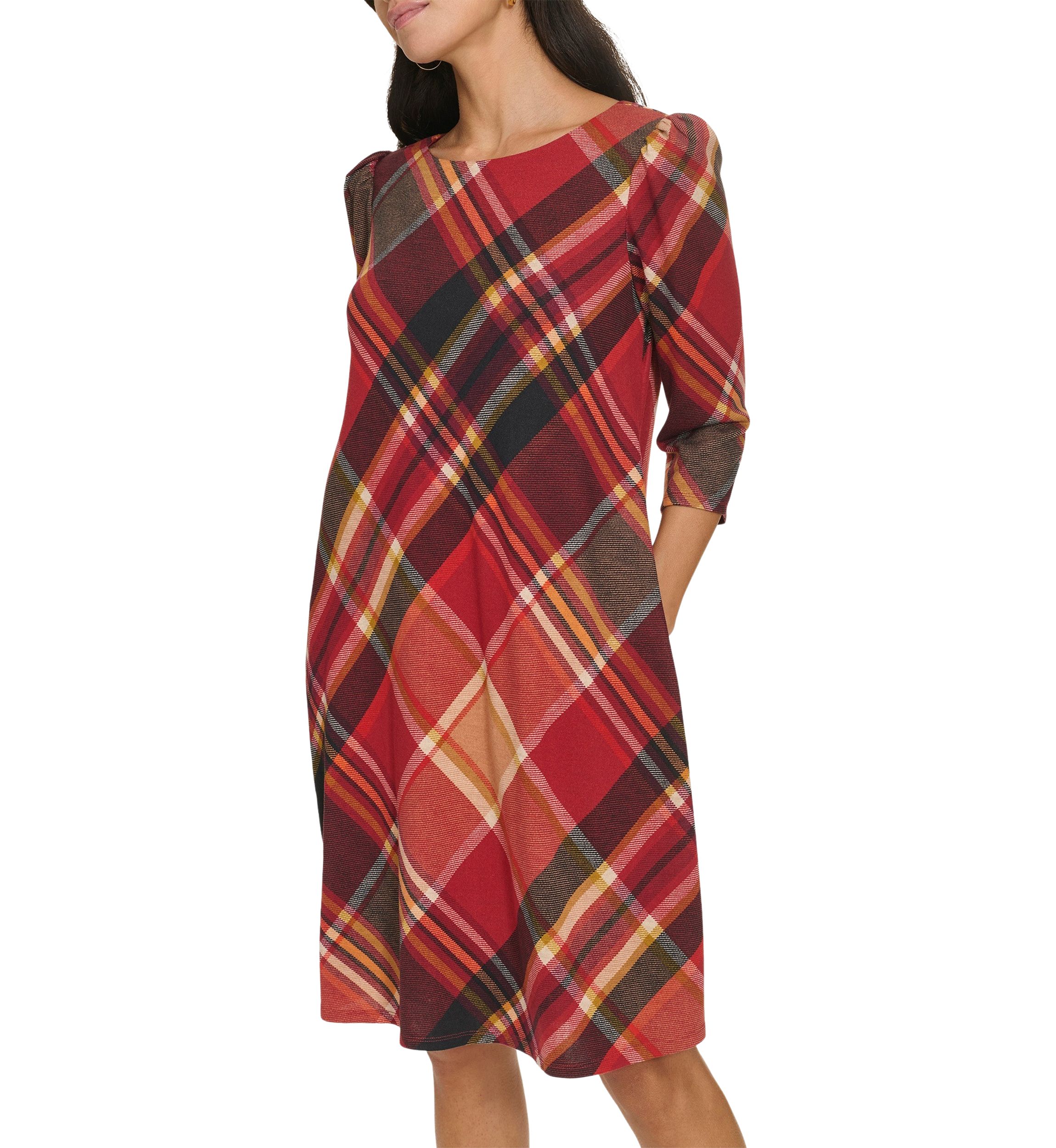 Womens 3/4 Sleeve Plaid Print A-Line Dress