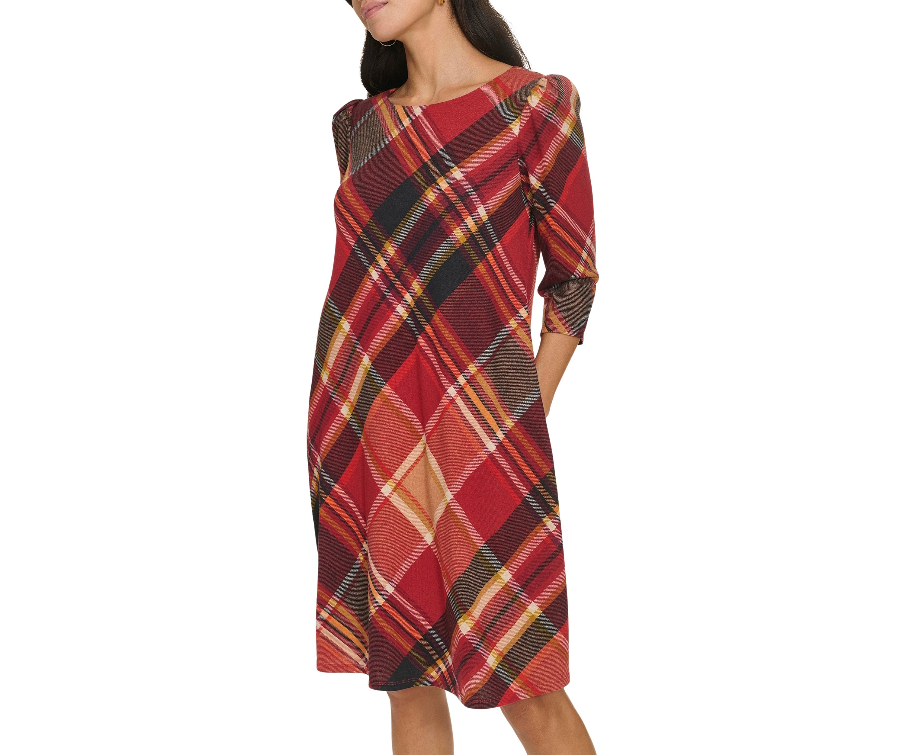 Womens 3/4 Sleeve Plaid Print A-Line Dress