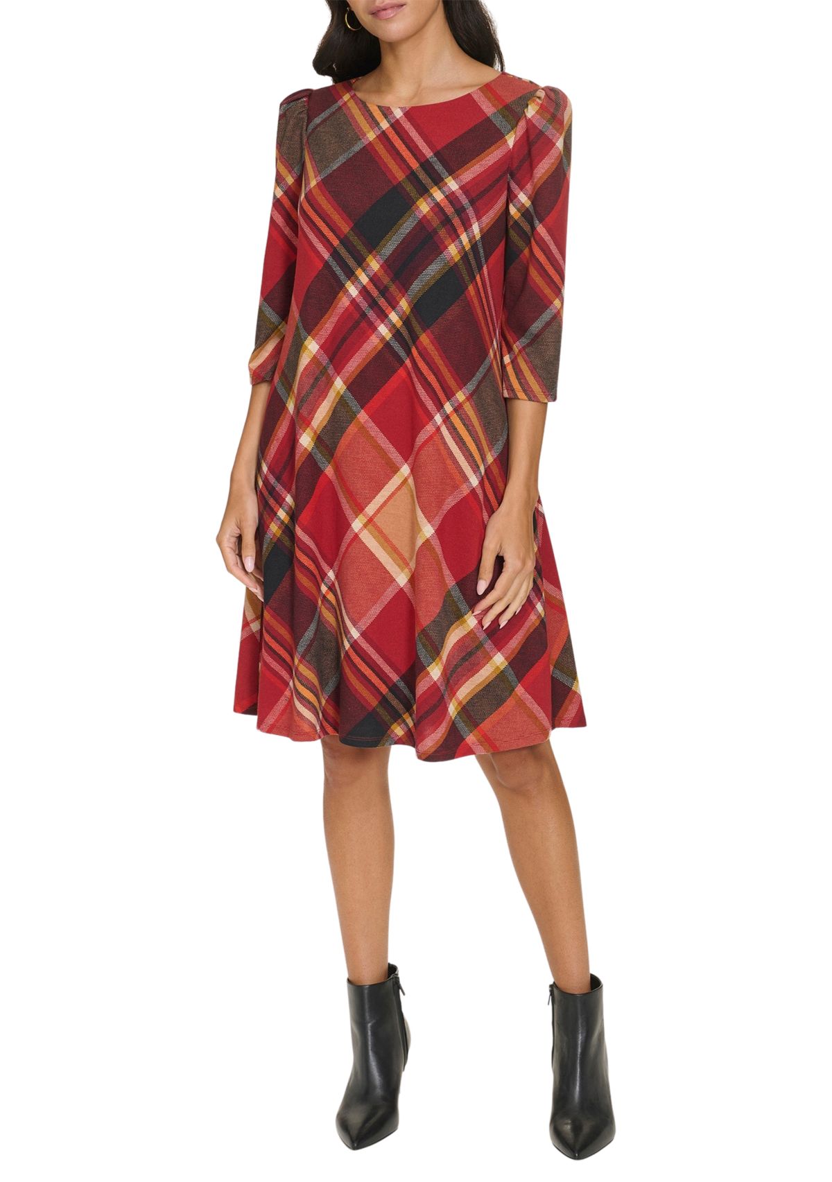 Womens 3/4 Sleeve Plaid Print A-Line Dress
