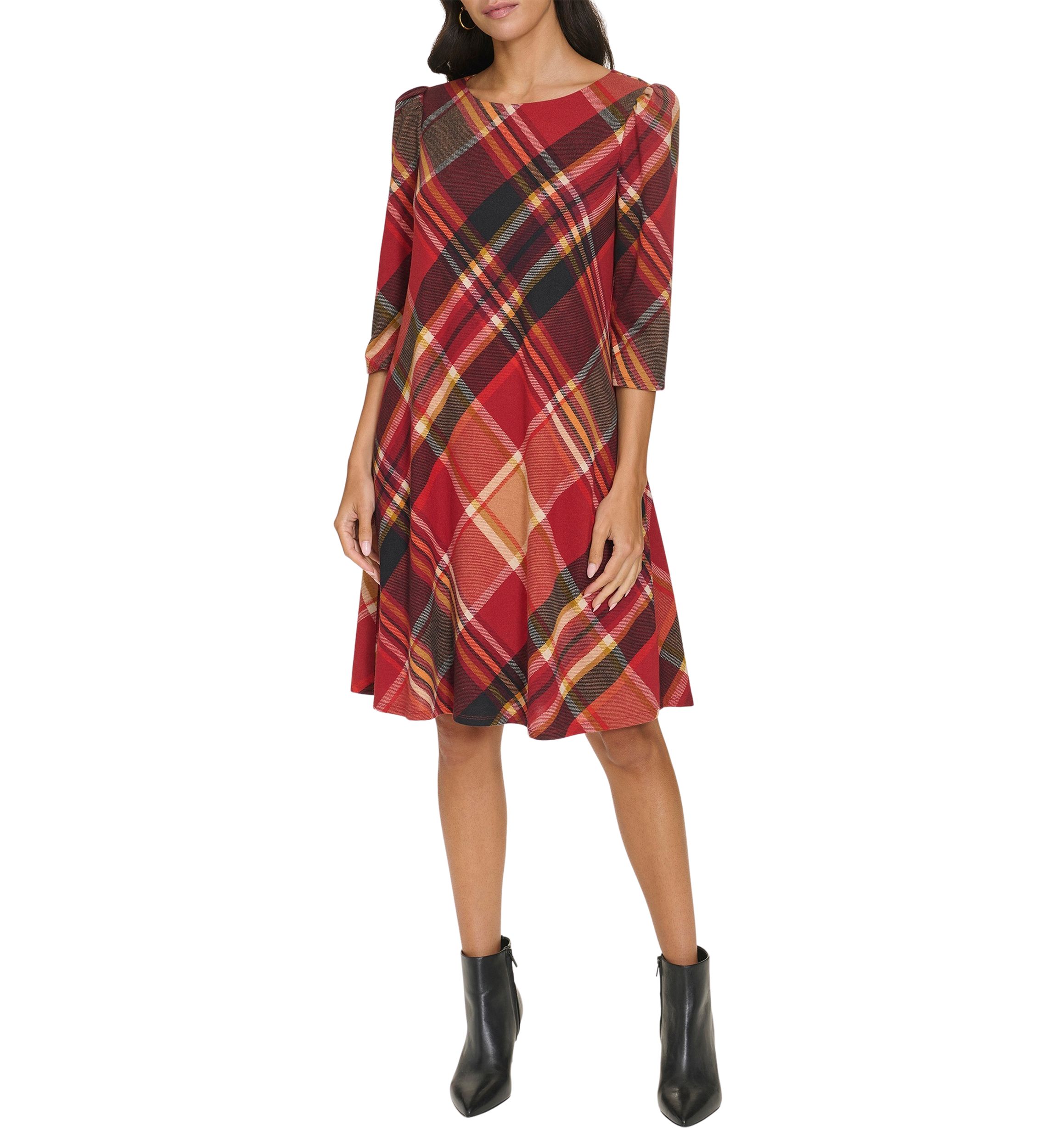 Womens 3/4 Sleeve Plaid Print A-Line Dress