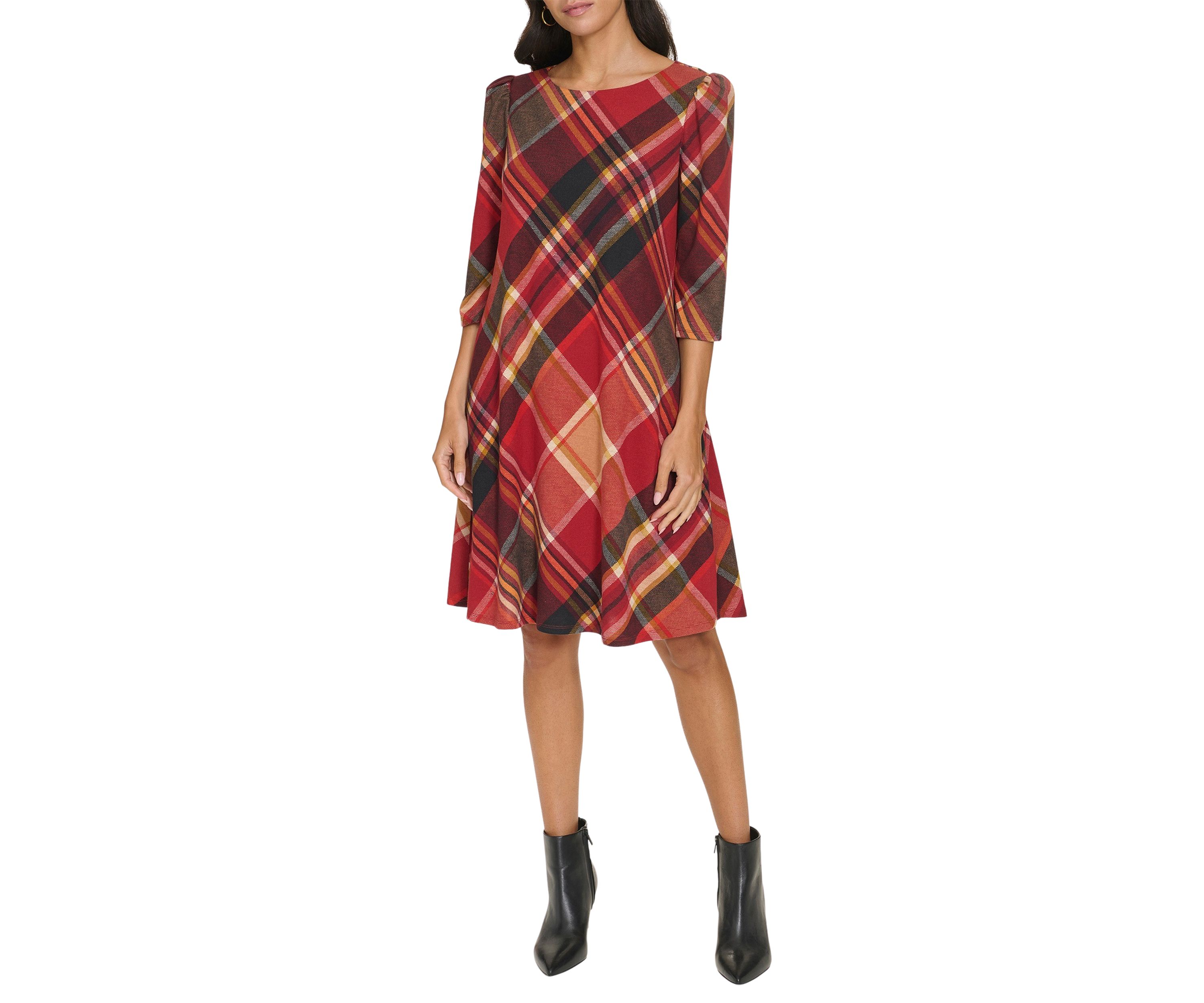 Womens 3/4 Sleeve Plaid Print A-Line Dress