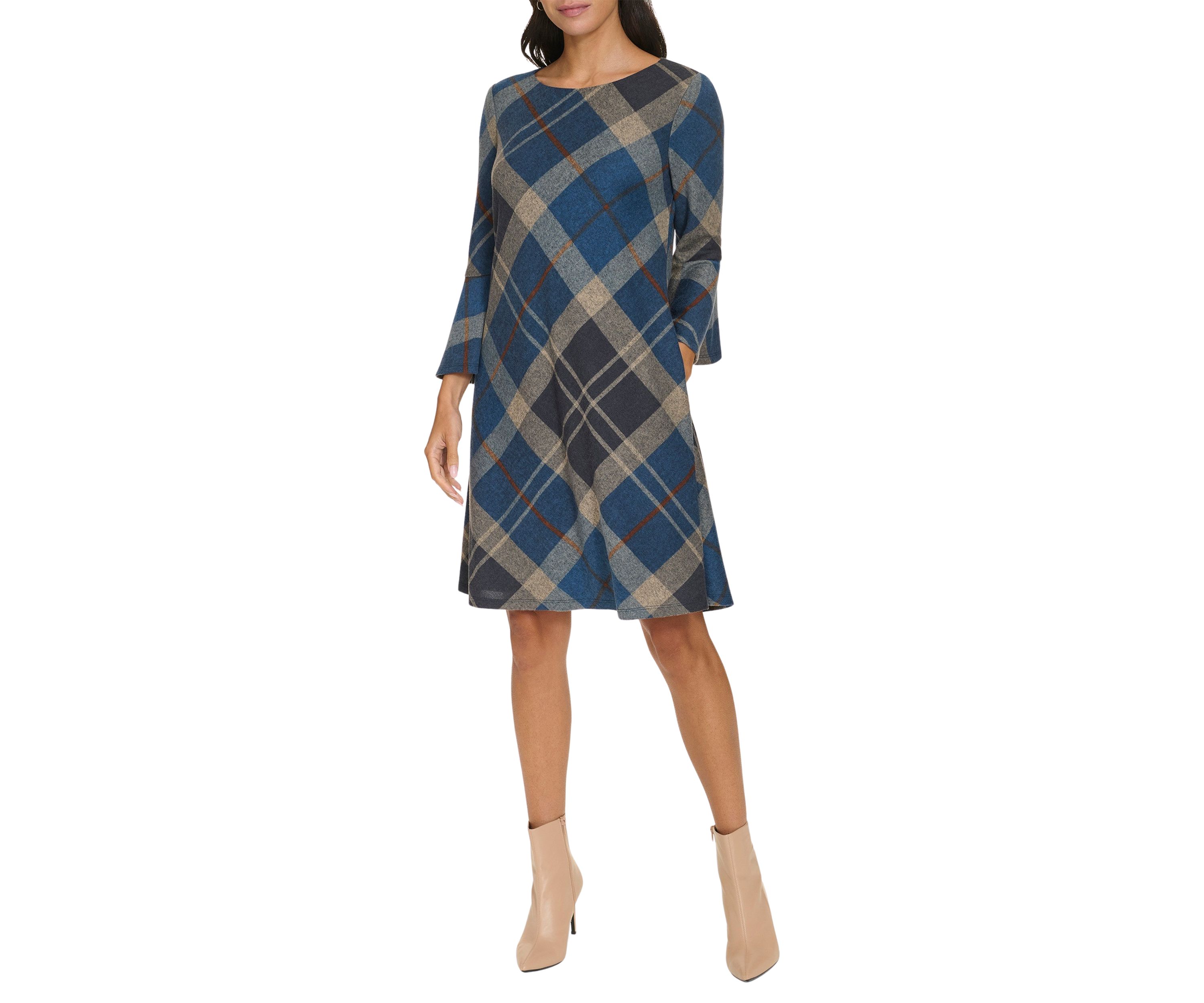 Womens 3/4 Bell Sleeve Plaid Print A-Line Dress