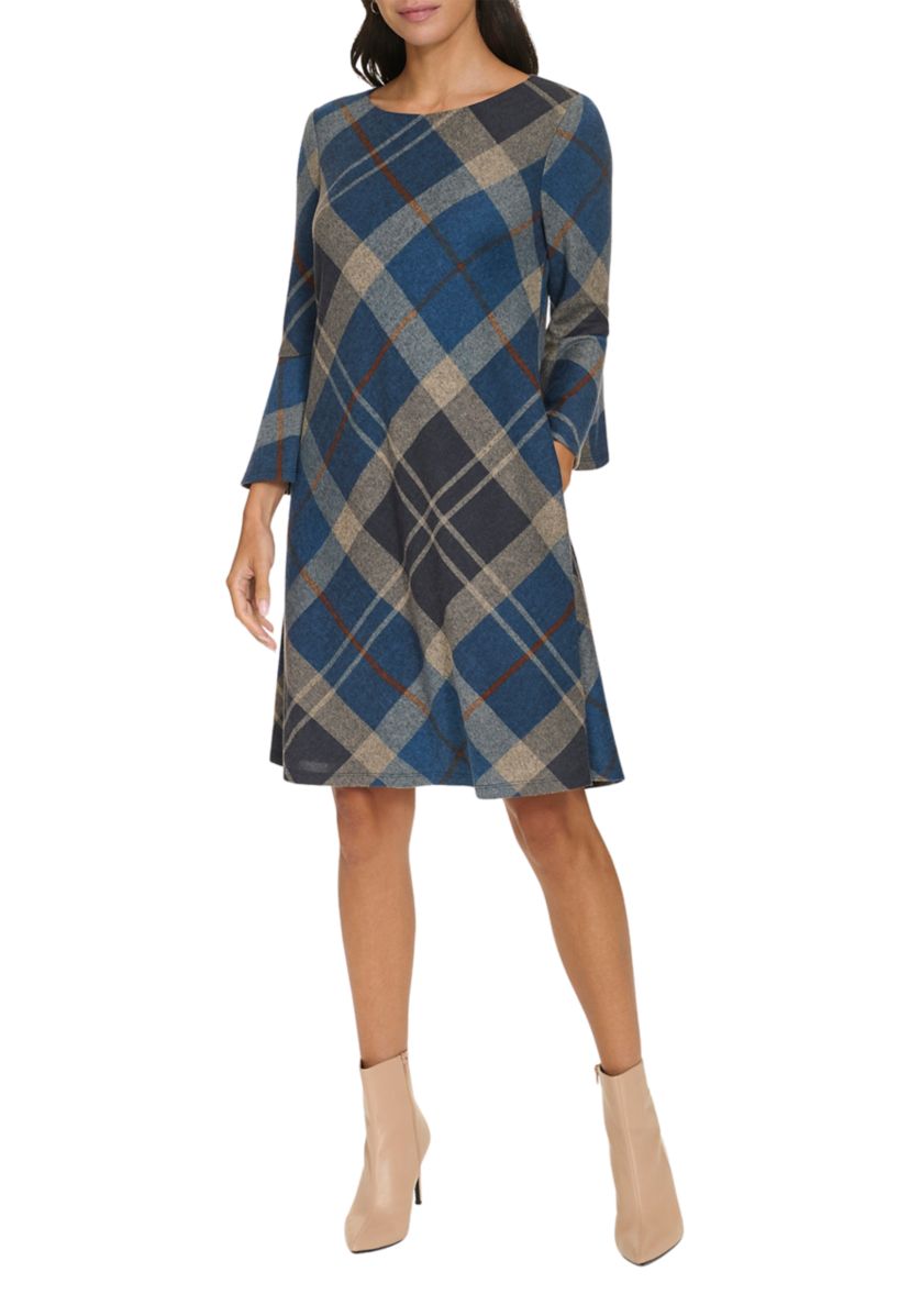 Womens 3/4 Bell Sleeve Plaid Print A-Line Dress