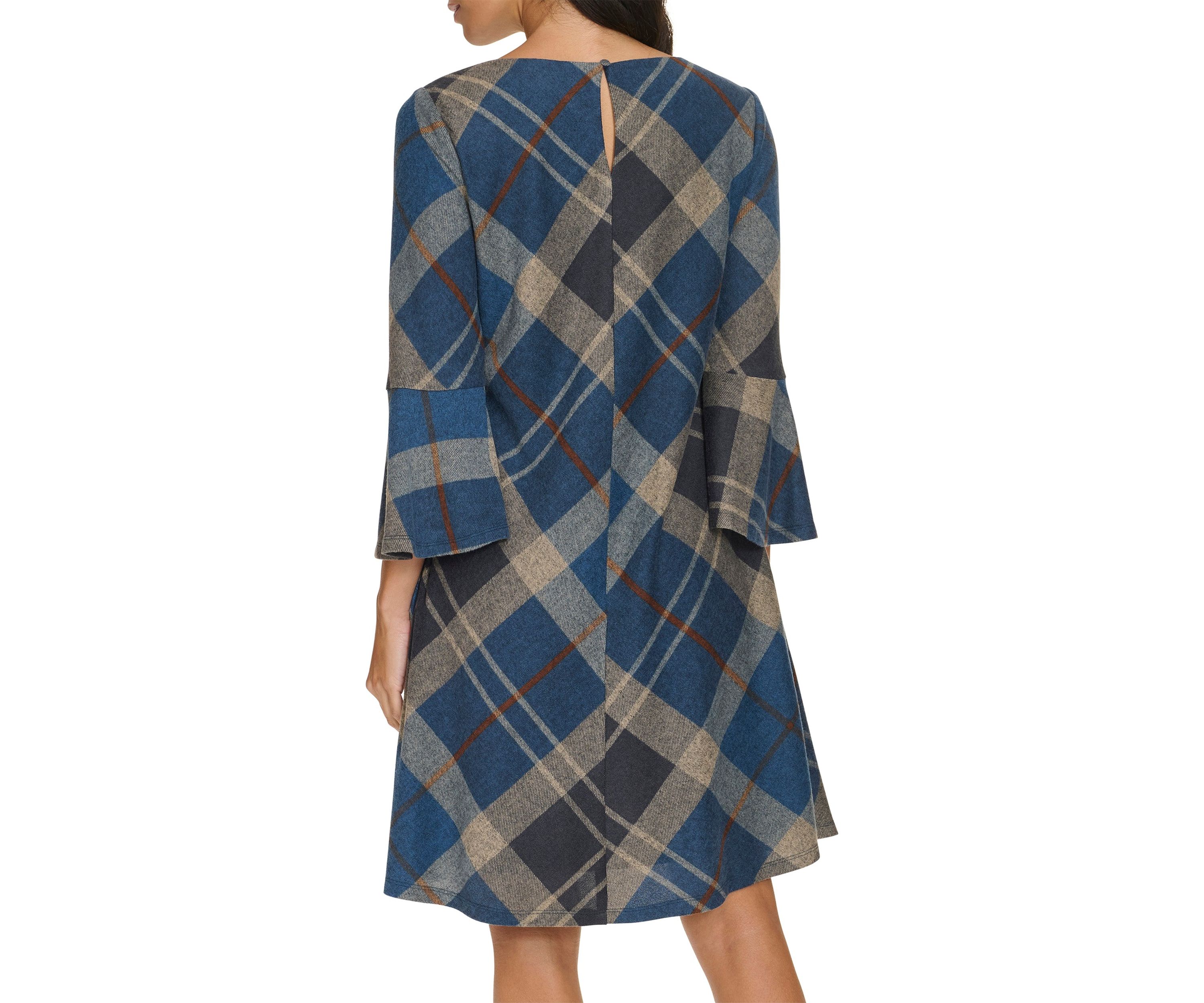 Womens 3/4 Bell Sleeve Plaid Print A-Line Dress