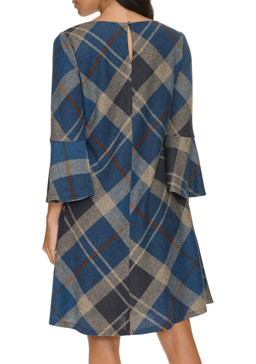 Womens 3/4 Bell Sleeve Plaid Print A-Line Dress