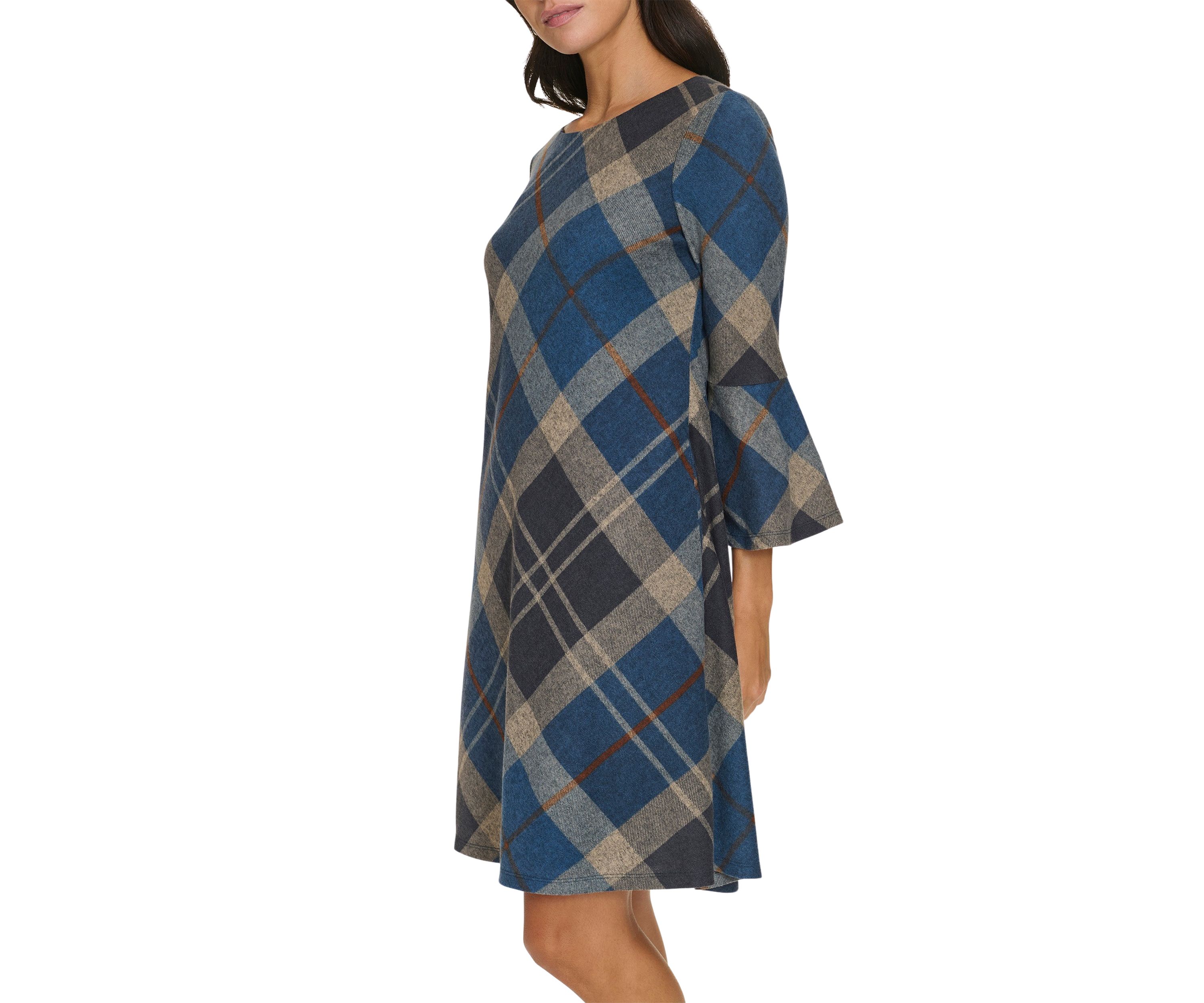 Womens 3/4 Bell Sleeve Plaid Print A-Line Dress