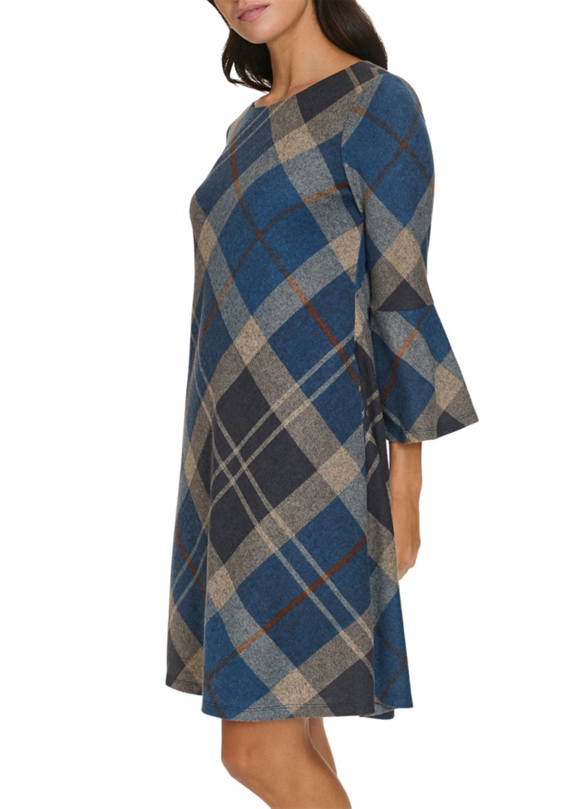 Womens 3/4 Bell Sleeve Plaid Print A-Line Dress