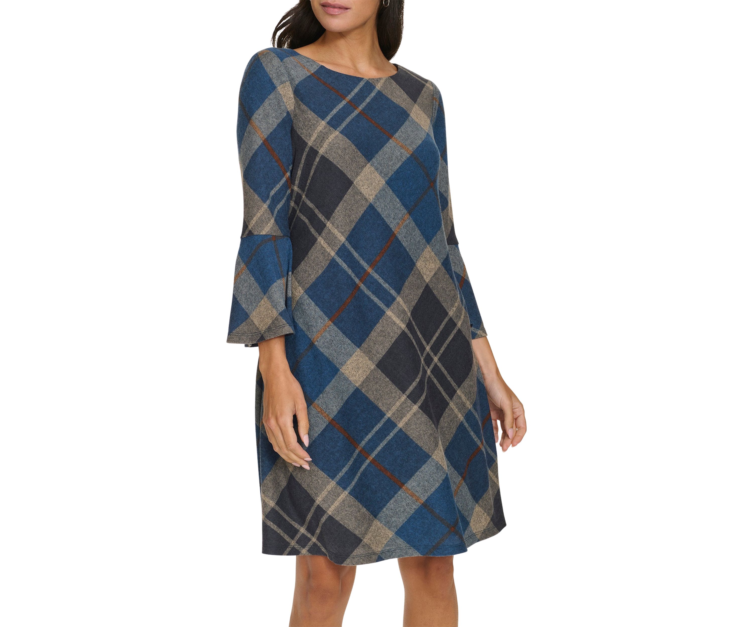 Womens 3/4 Bell Sleeve Plaid Print A-Line Dress