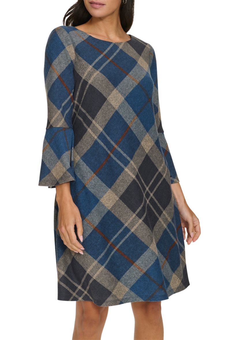 Womens 3/4 Bell Sleeve Plaid Print A-Line Dress