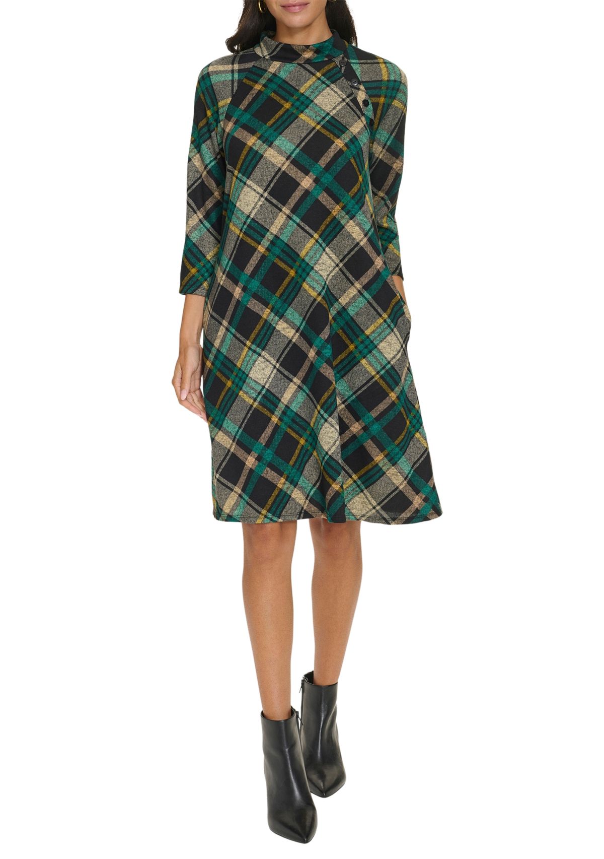 Womens 3/4 Sleeve Plaid Print A-Line Dress